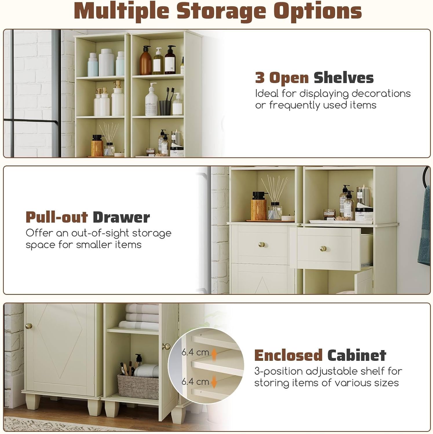 Slim Tall Storage Cabinet Beige Drawer Shelf Door Unit