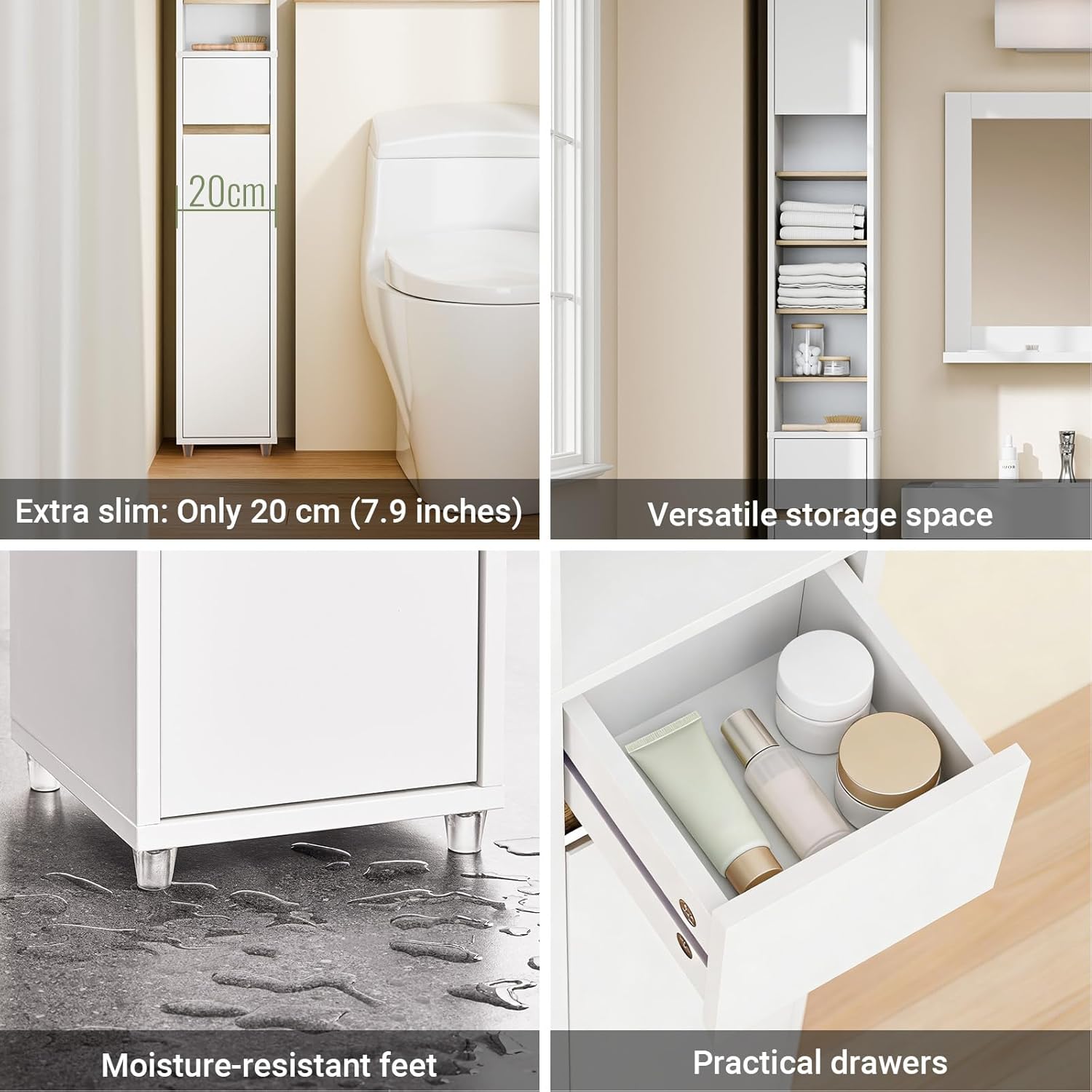 Slim Tall Bathroom Storage Cabinet 20cm White Natural 180cm