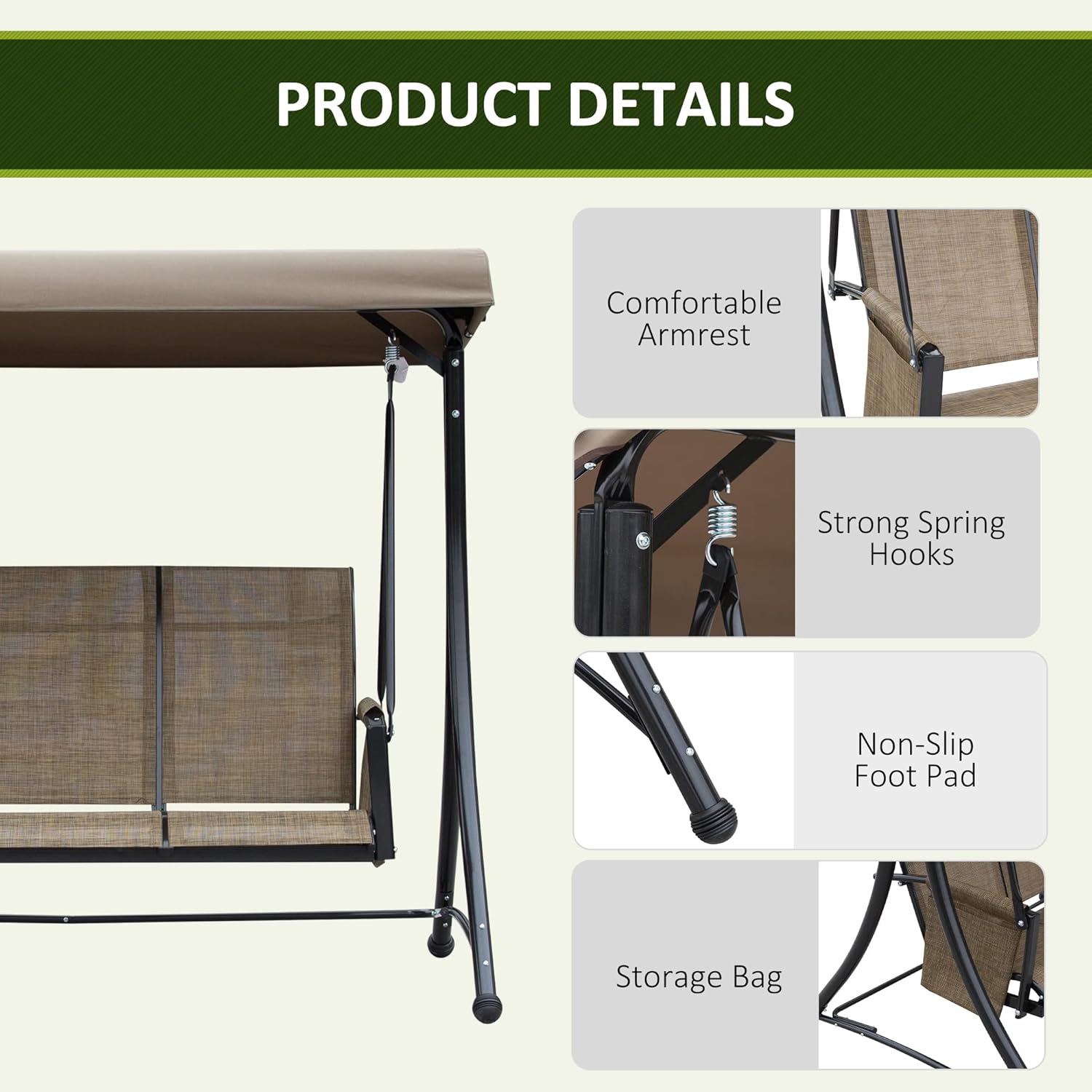 3 Seater Garden Swing Chair Canopy Side Pockets Brown