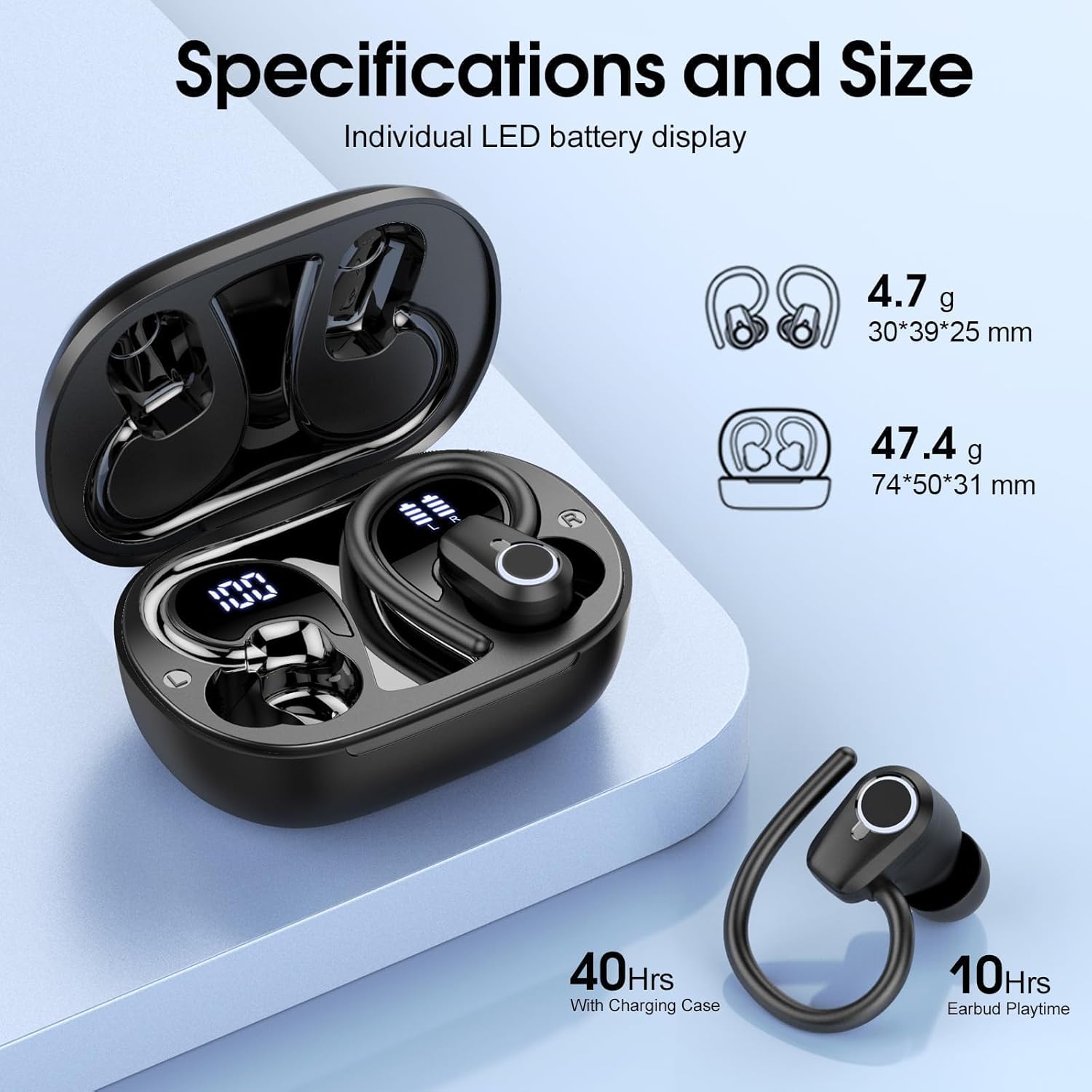 Wireless Sport Earbuds Bluetooth 5.3 ENC Mic 50H Battery LED
