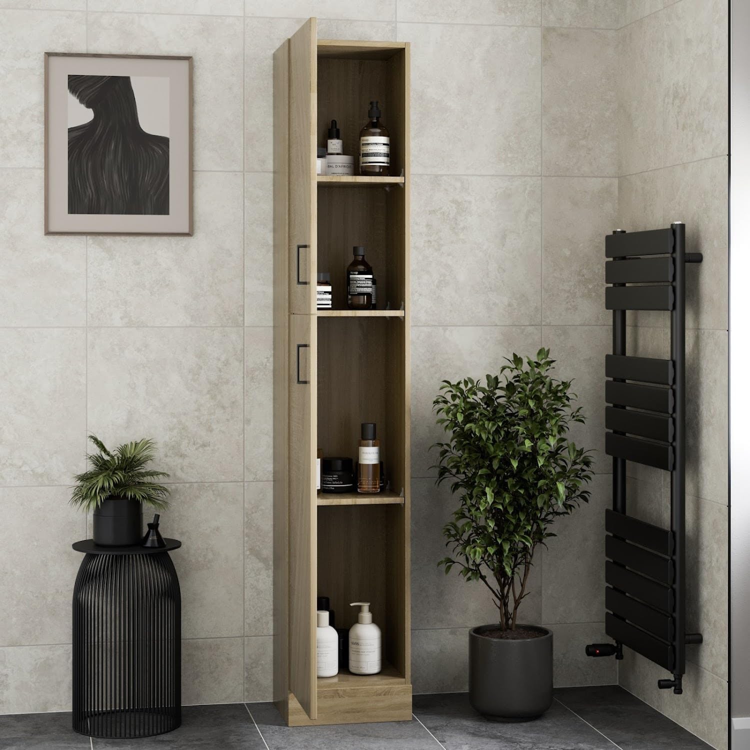 Tall Bathroom Cabinet Oak Effect Soft Close Door Unit