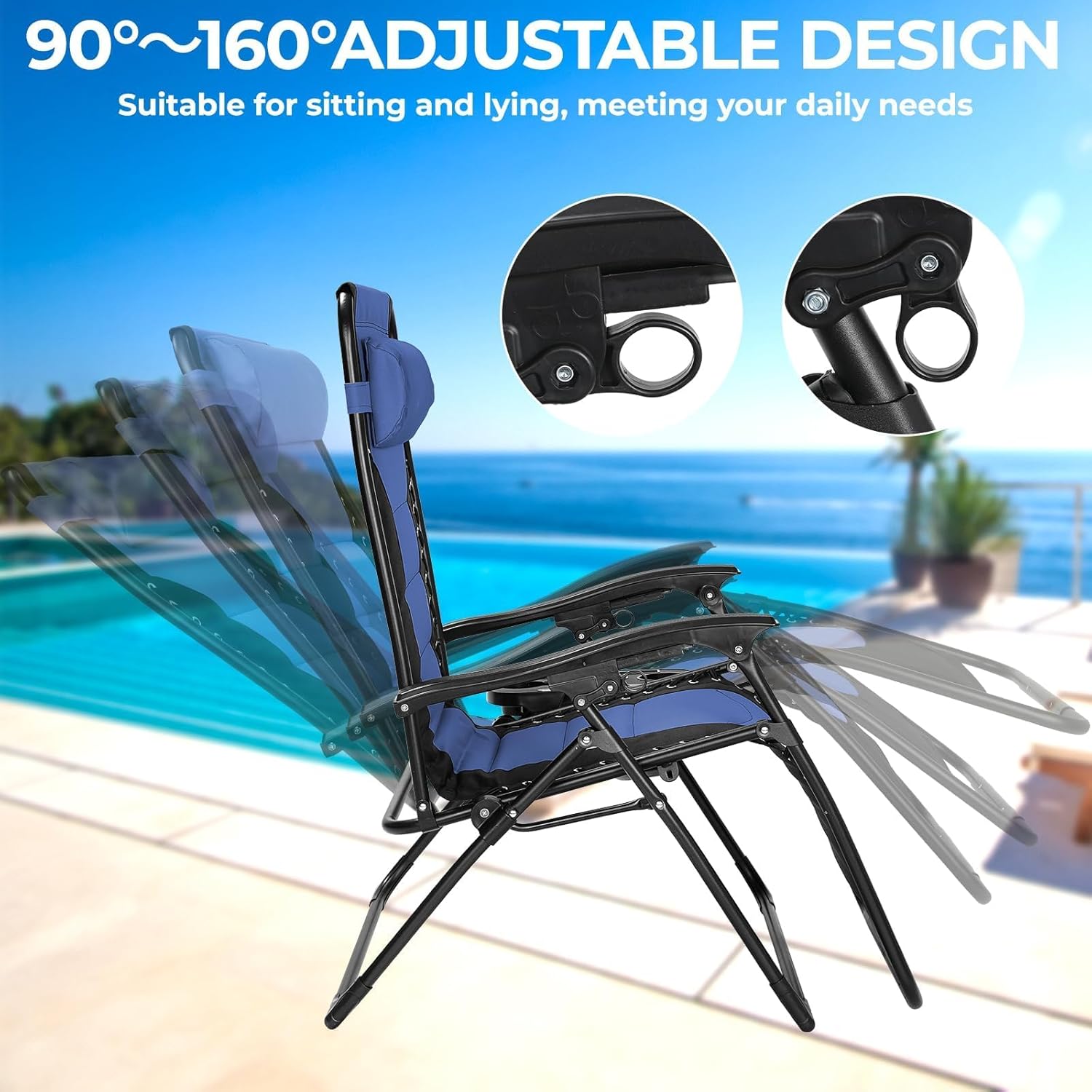 Set of 3 Zero Gravity Sun Loungers Blue with Table