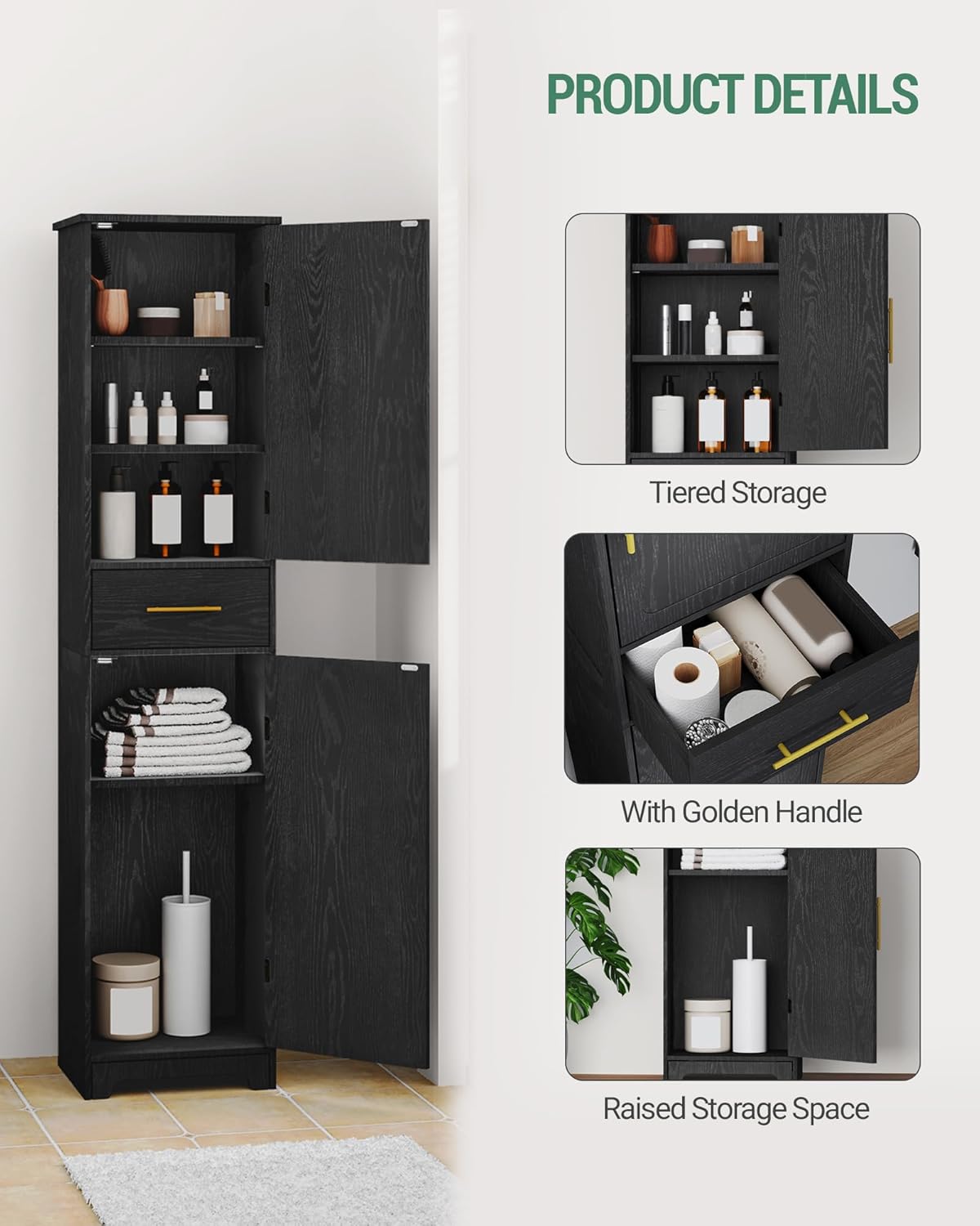Tall Slim Storage Cabinet Black Drawer Doors Adjustable Shelf