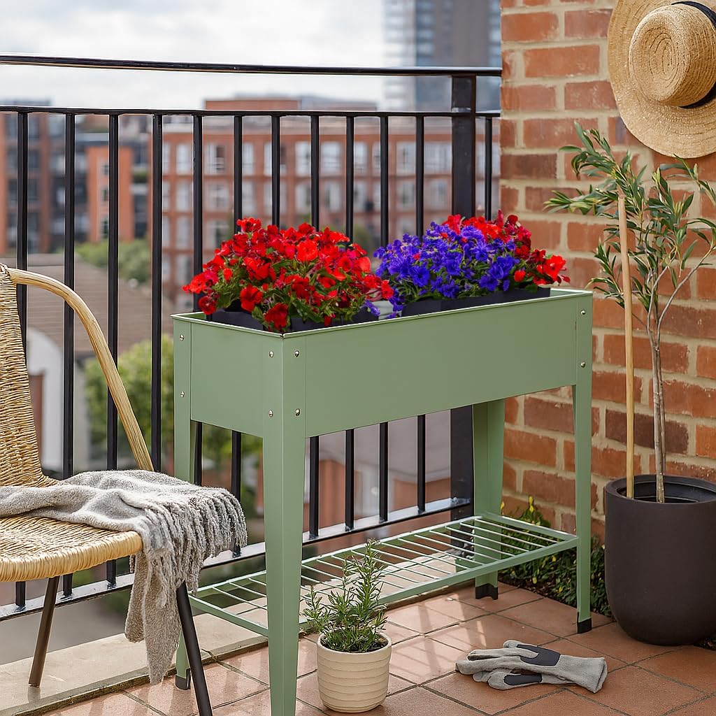 Raised Garden Bed with Legs Shelf Metal Planter Green 95cm