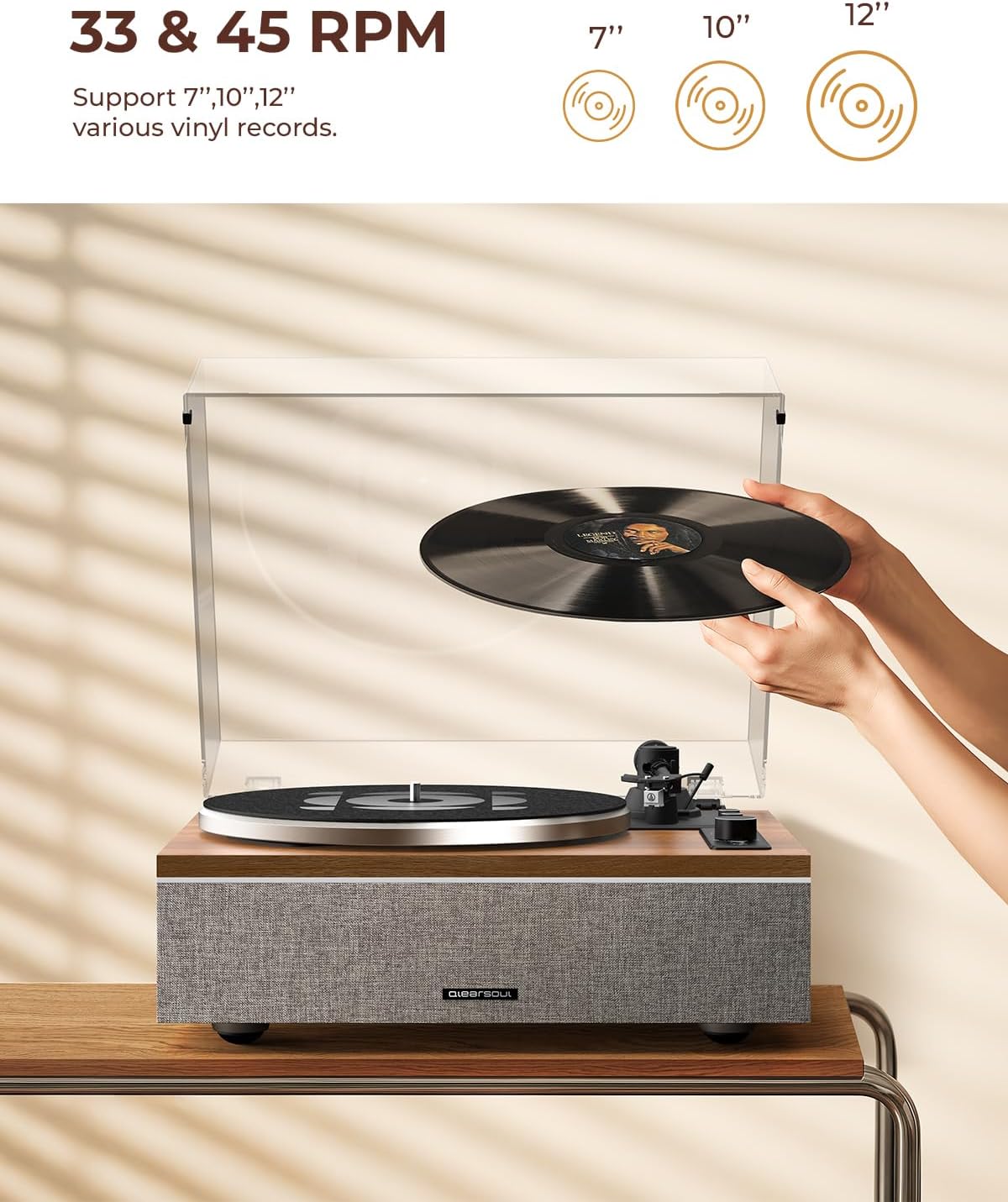 Vintage 2-Speed Record Player with Bluetooth, Built-In 4-Speaker Hi-Fi