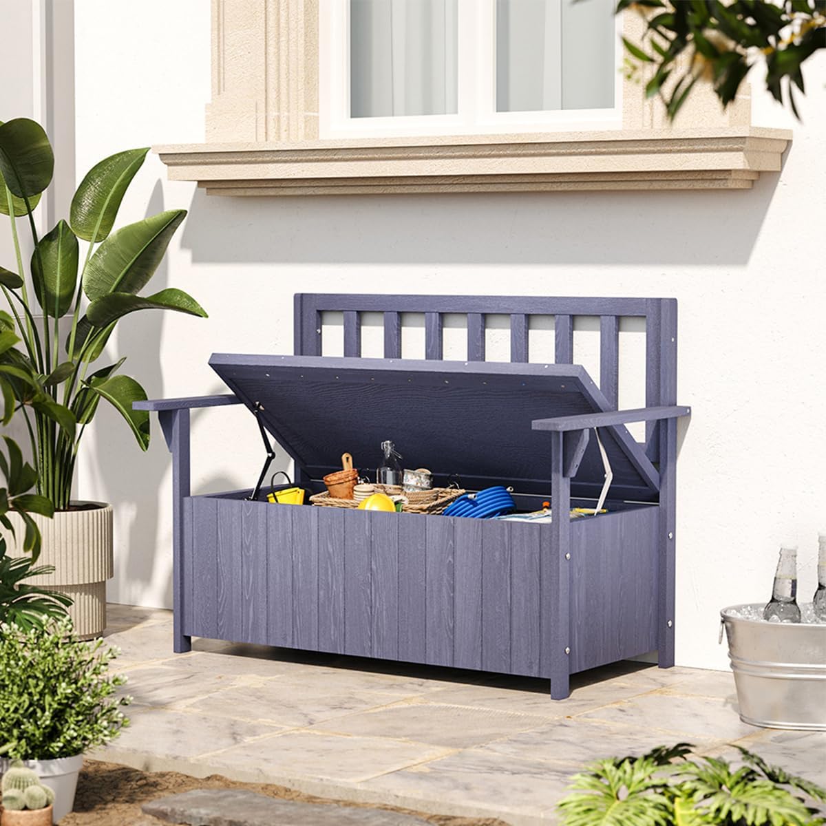 2 Seater Wooden Garden Storage Bench 135L Outdoor Patio Seat Grey