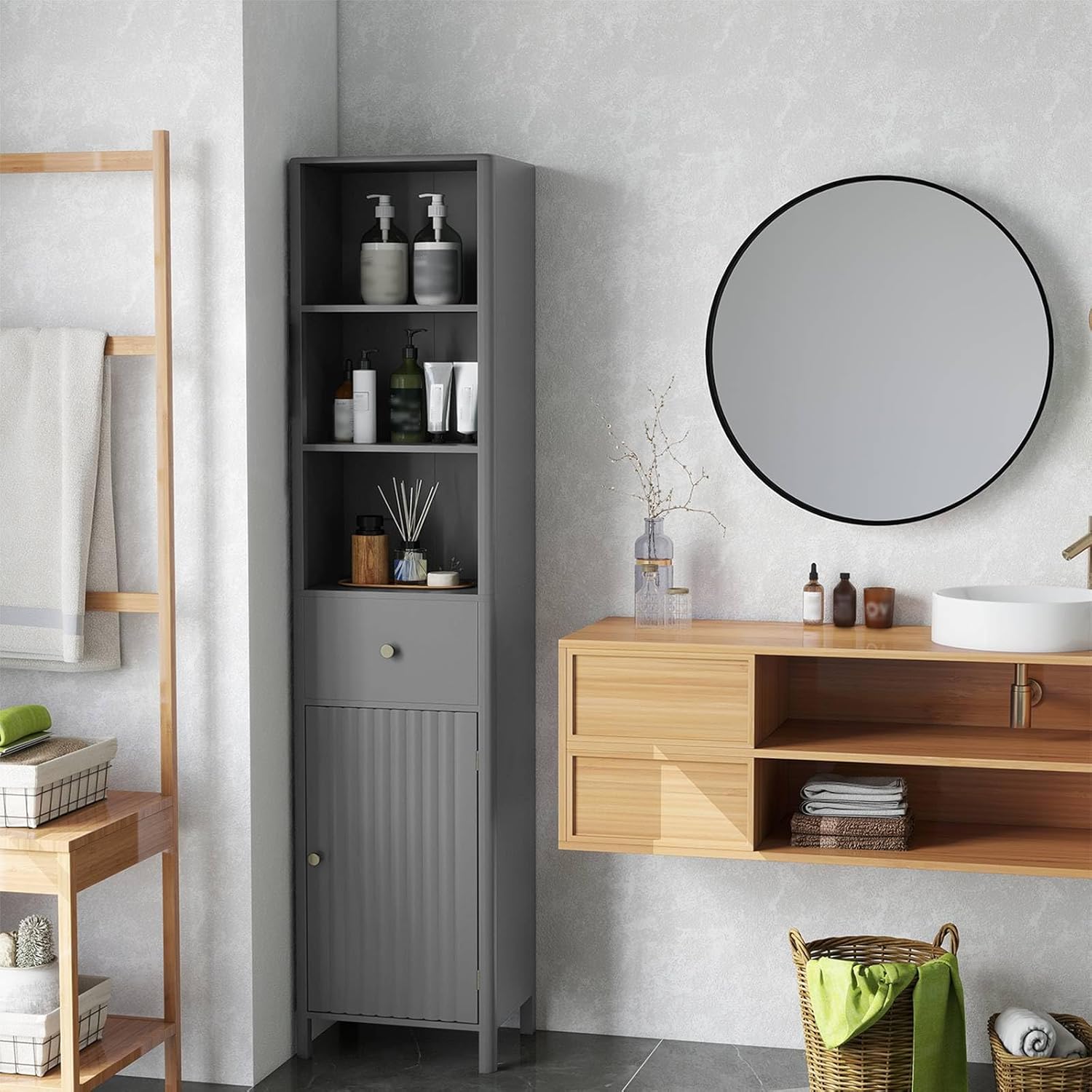 Slim Bathroom Tall Cabinet Drawer Shelf Unit Grey
