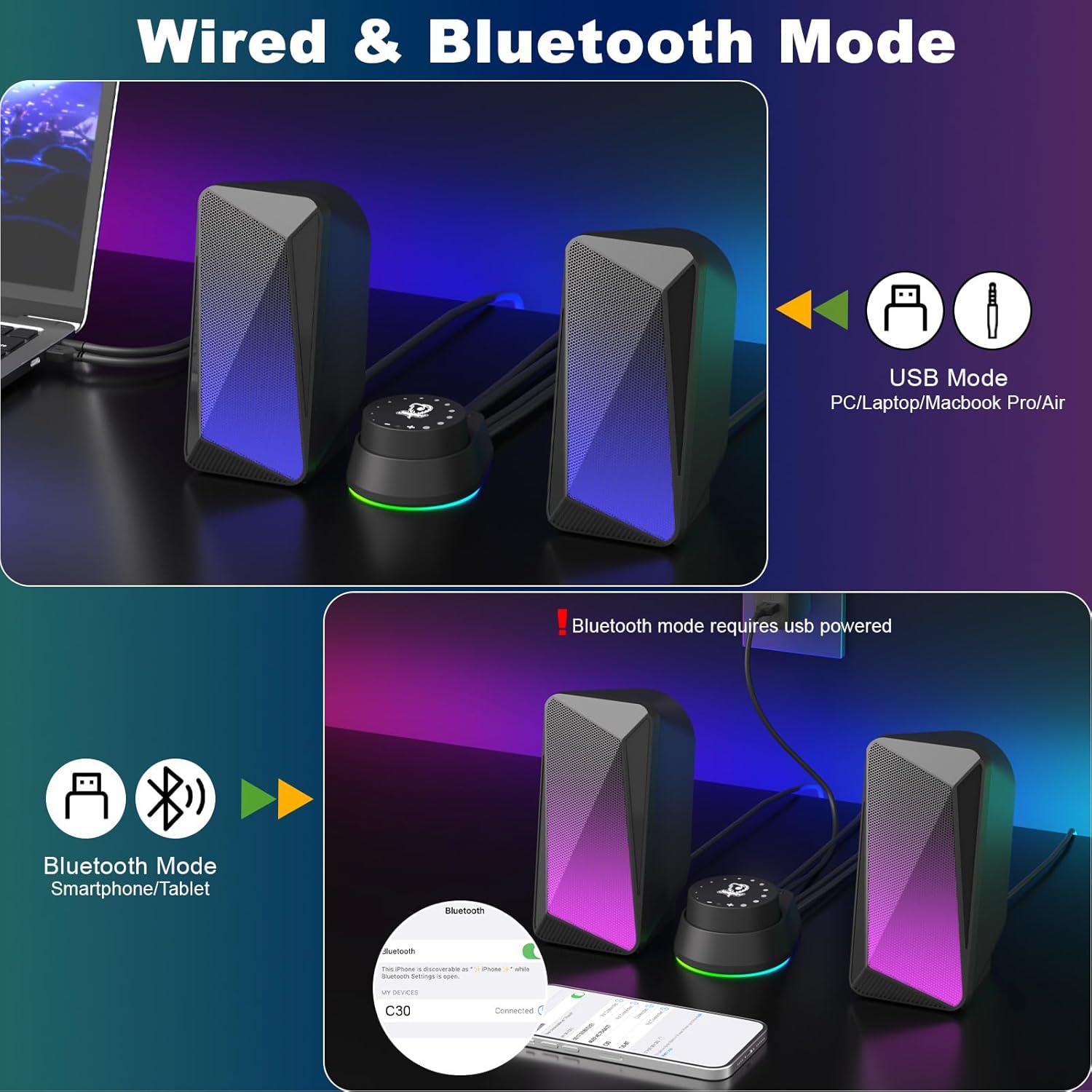 PC Computer Speakers Stereo Soundbar LED Lights USB Powered 3.5mm Aux
