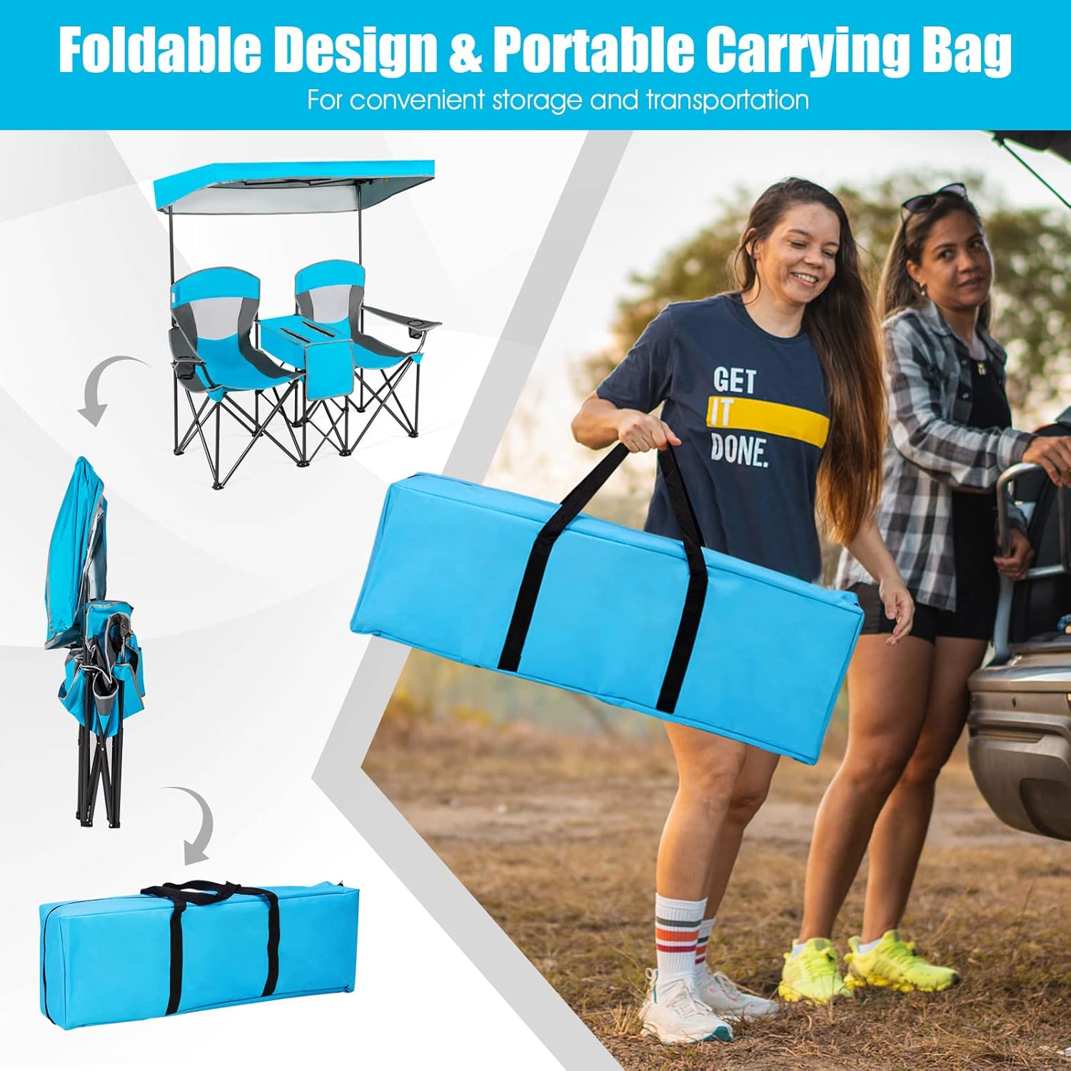Double Camping Chair with Canopy Cooler Bag Cup Holders Blue