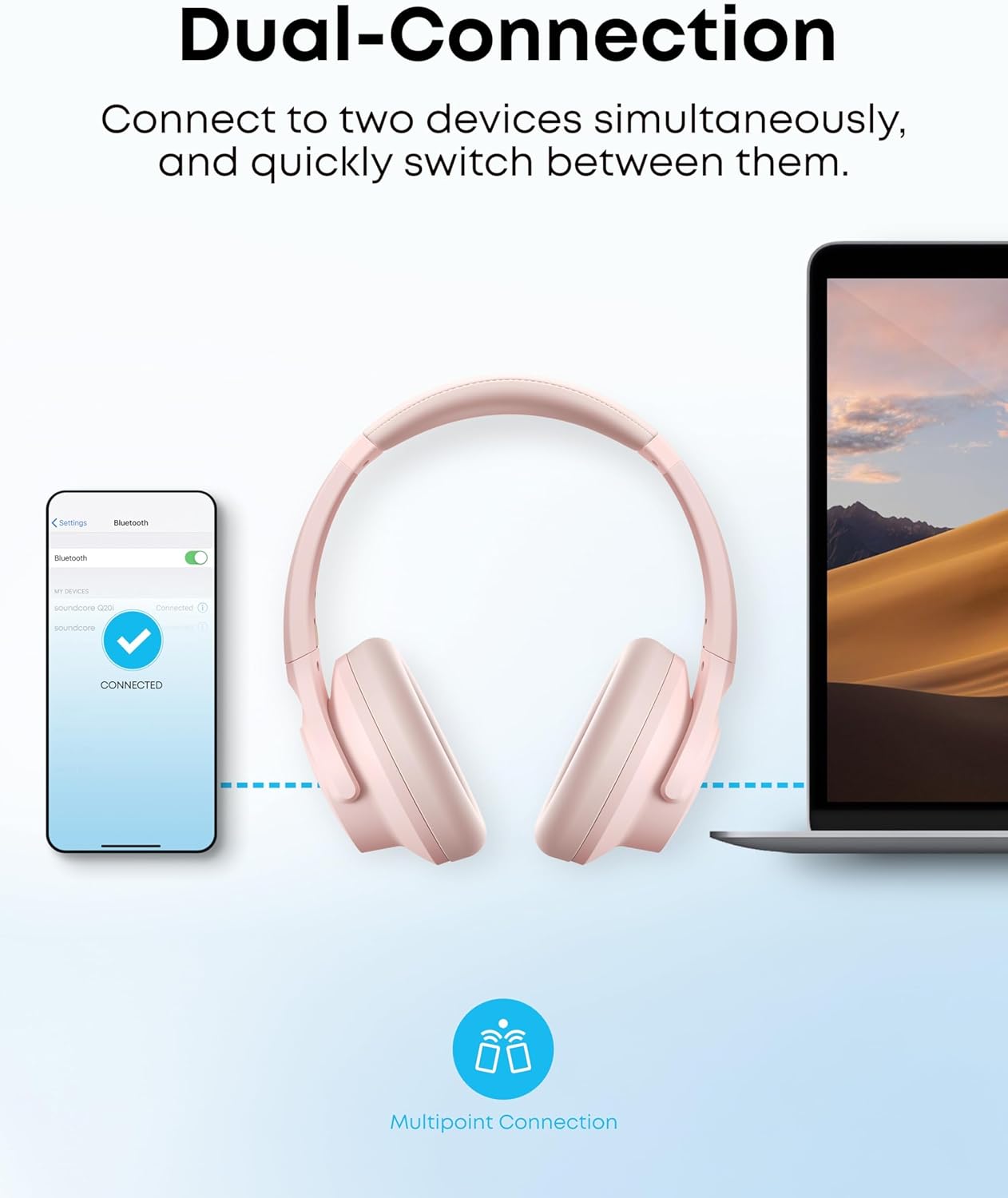 Pink ANC Bluetooth Over Ear Headphones 40H Playtime Hi Res