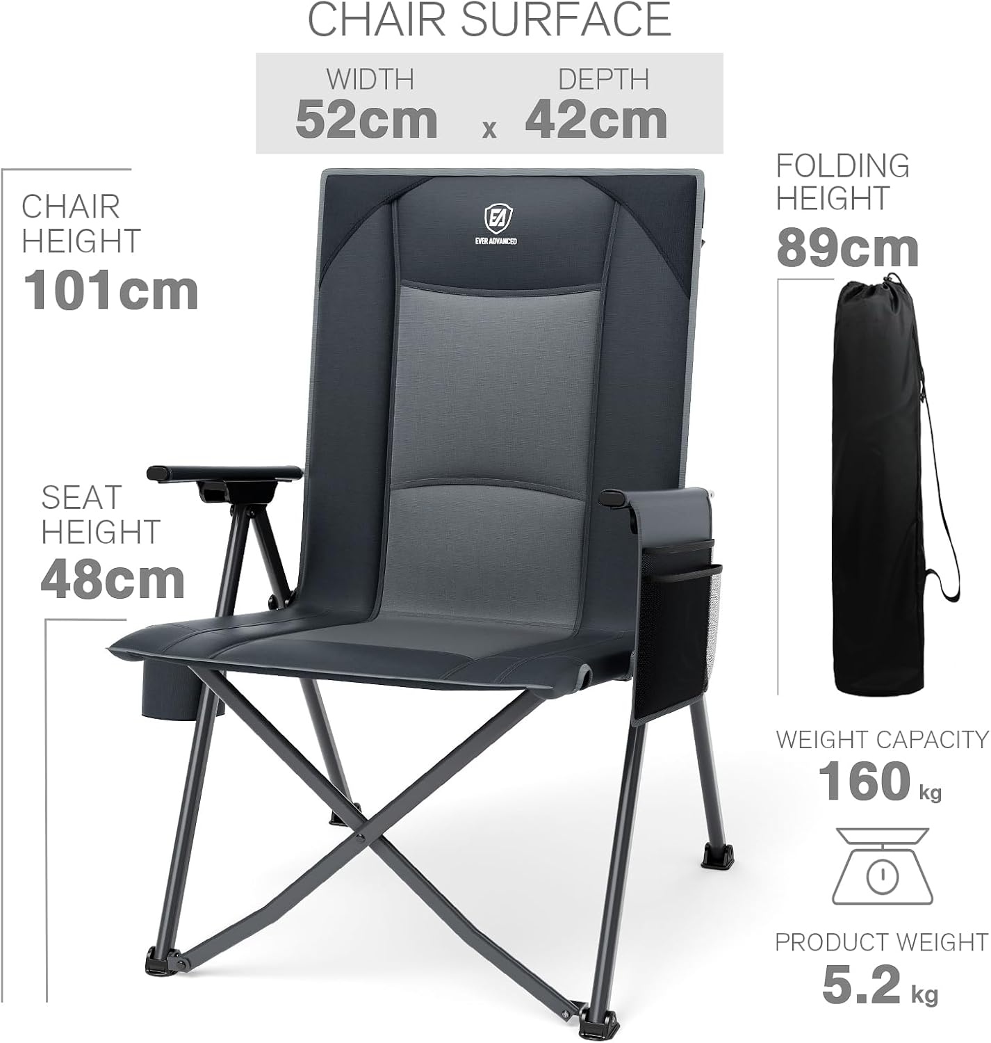 Set of 2 Reclining Camping Chairs Heavy Duty 350lb Grey
