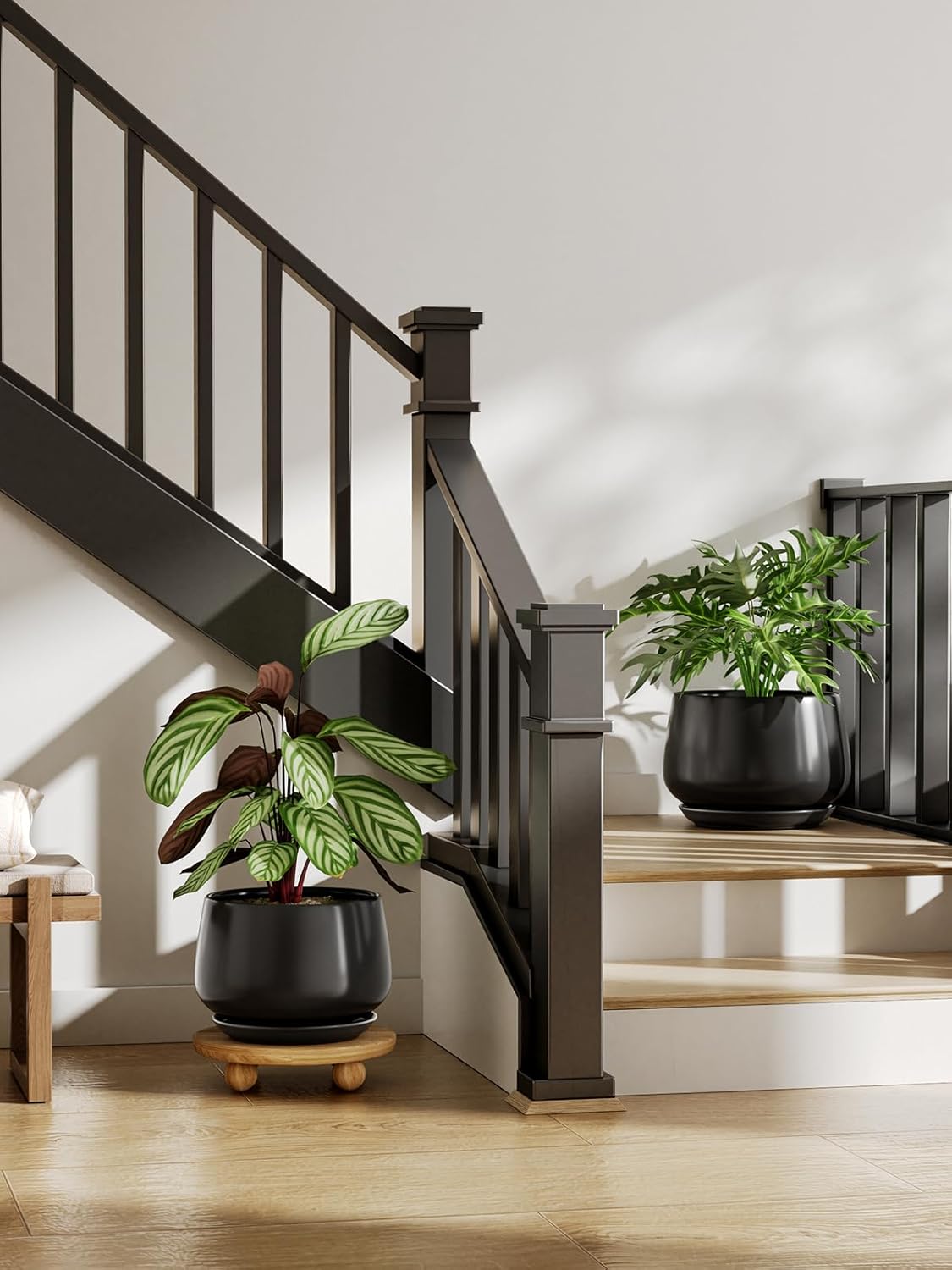 25cm Ceramic Plant Pot Black Modern Planter with Drainage Saucer