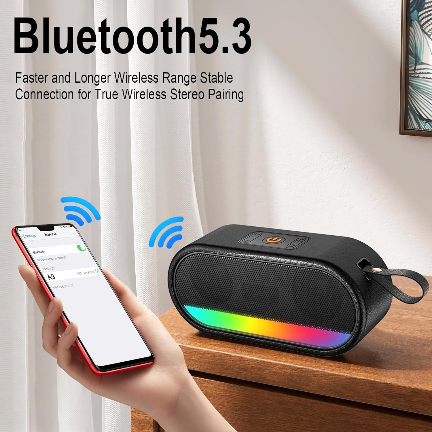 Portable Bluetooth Speaker 5.3 Bass Waterproof IPX6 RGB Lights