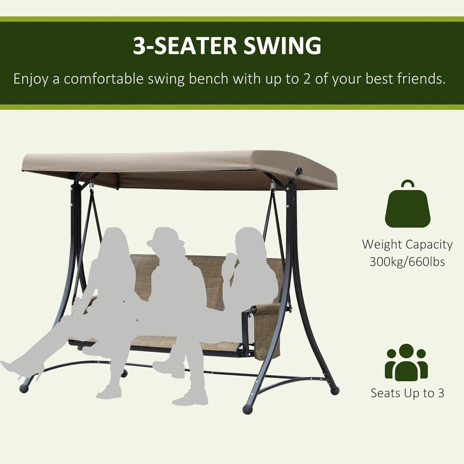 3 Seater Garden Swing Chair Canopy Side Pockets Brown
