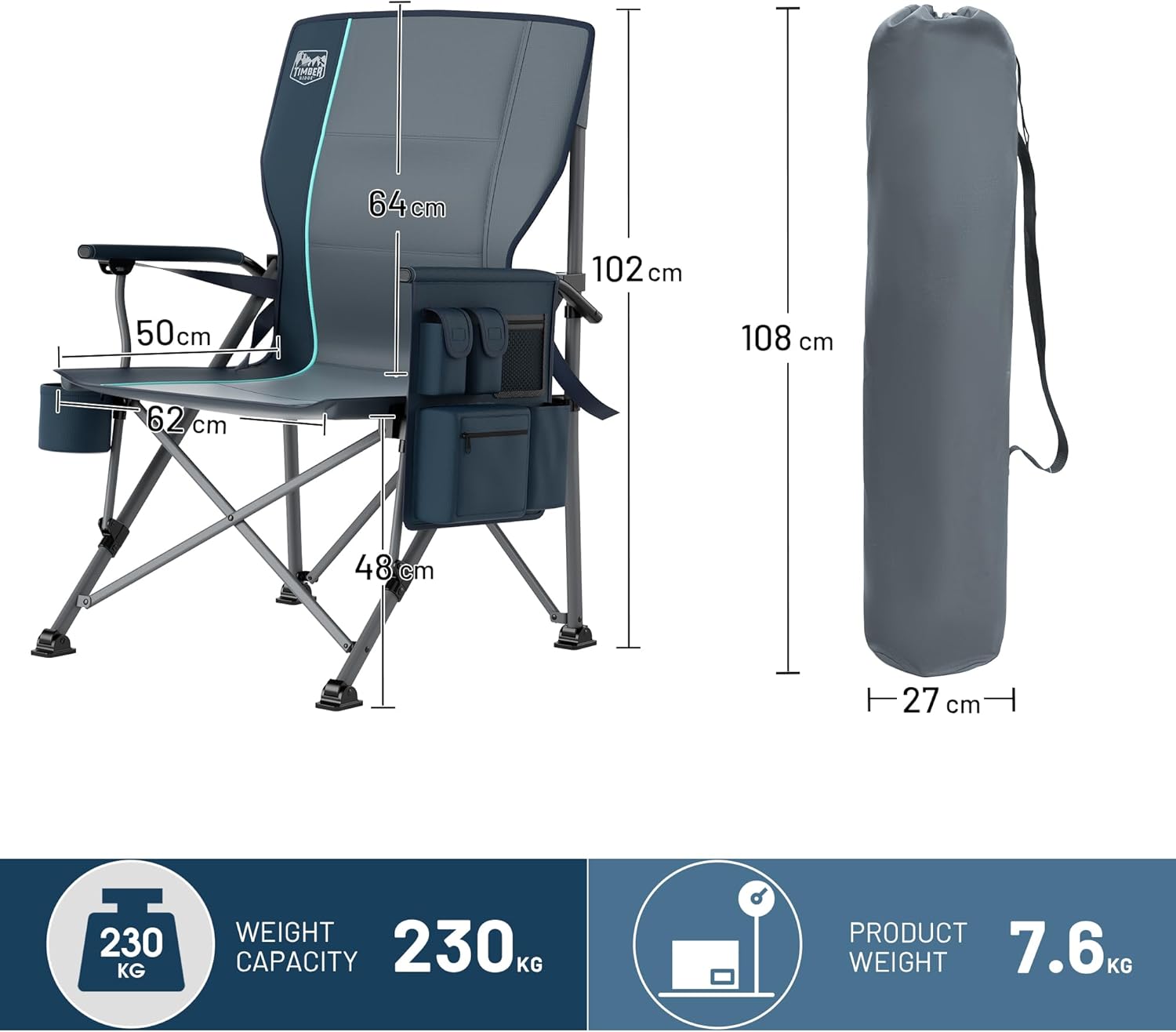 Heavy Duty Outdoor Chair with Lumbar Support Cooler Pocket Blue