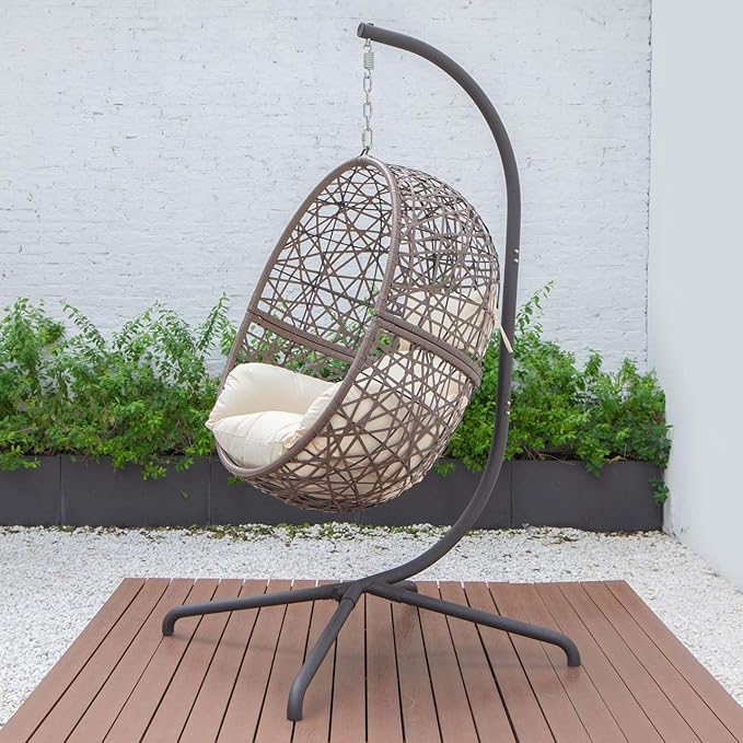 Single Hanging Egg Chair with Stand Brown Cream Rattan
