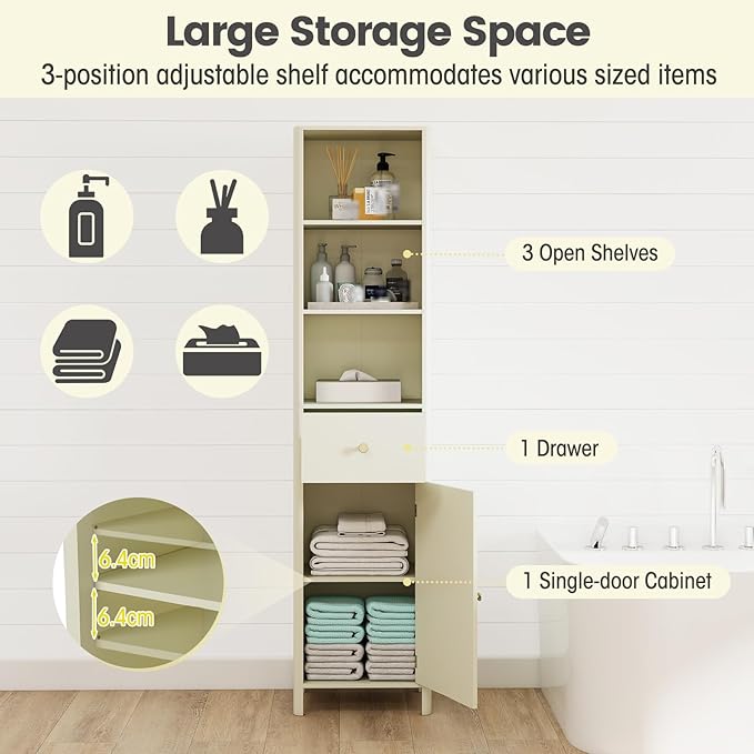 Tall Bathroom Storage Cabinet Beige Fluted Door Drawer 170cm