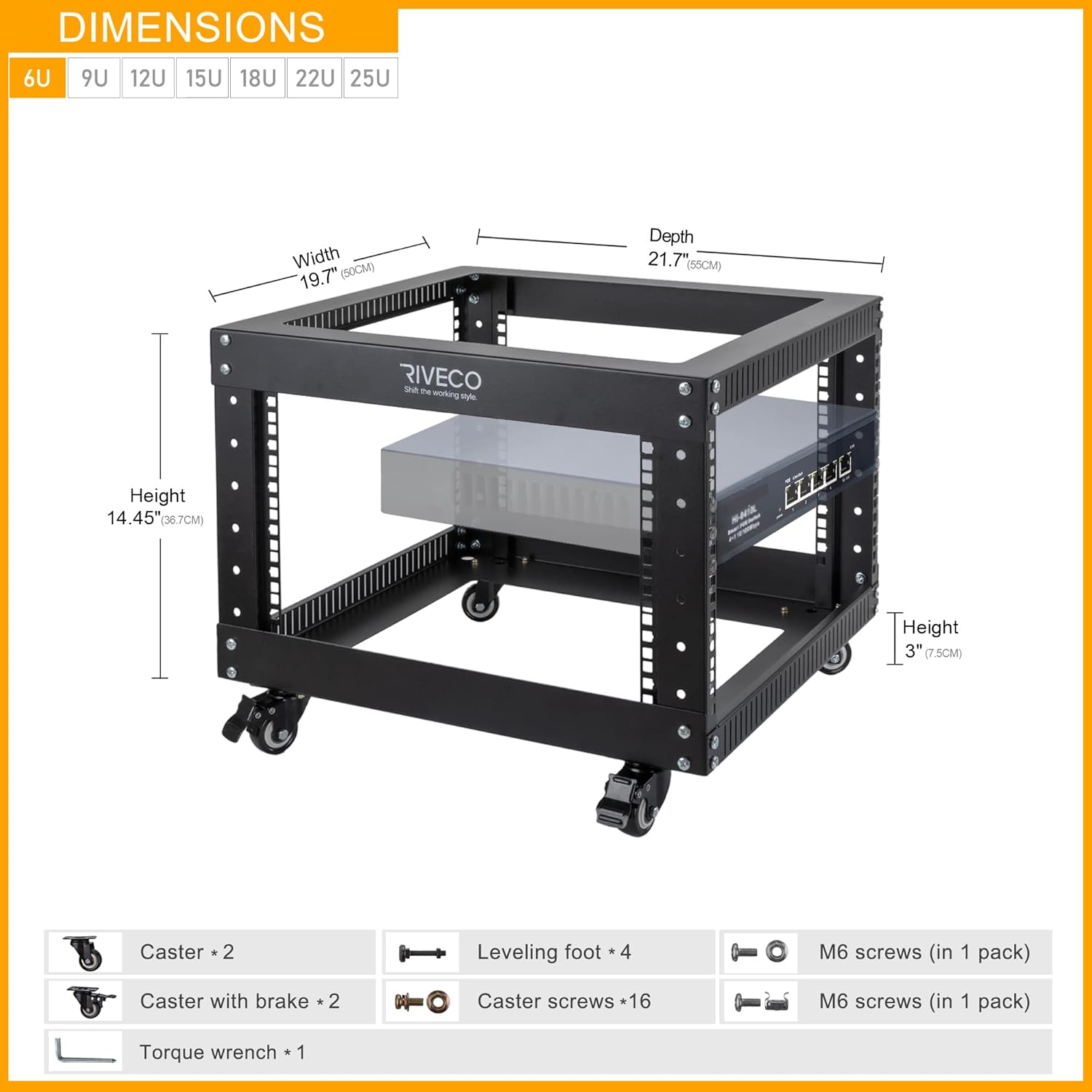 6U Open Frame Server Rack with Wheels 19 Inch Heavy Duty