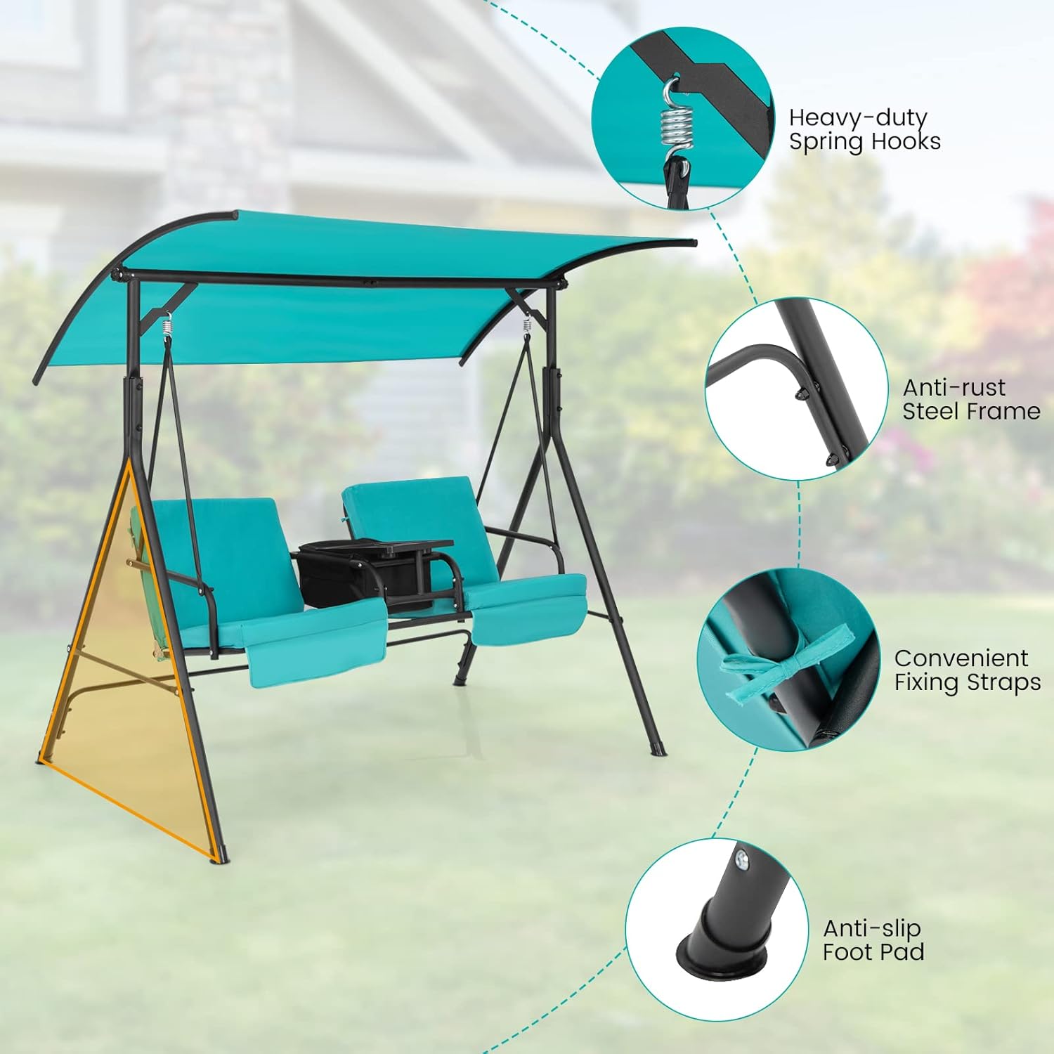 2 Seater Swing Chair Canopy Cooler Tray Turquoise
