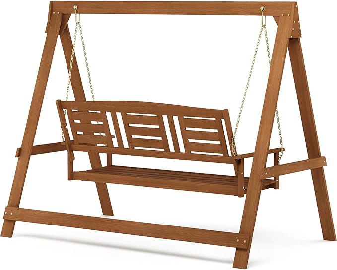 3 Seater Wooden Garden Swing with Stand Natural Patio