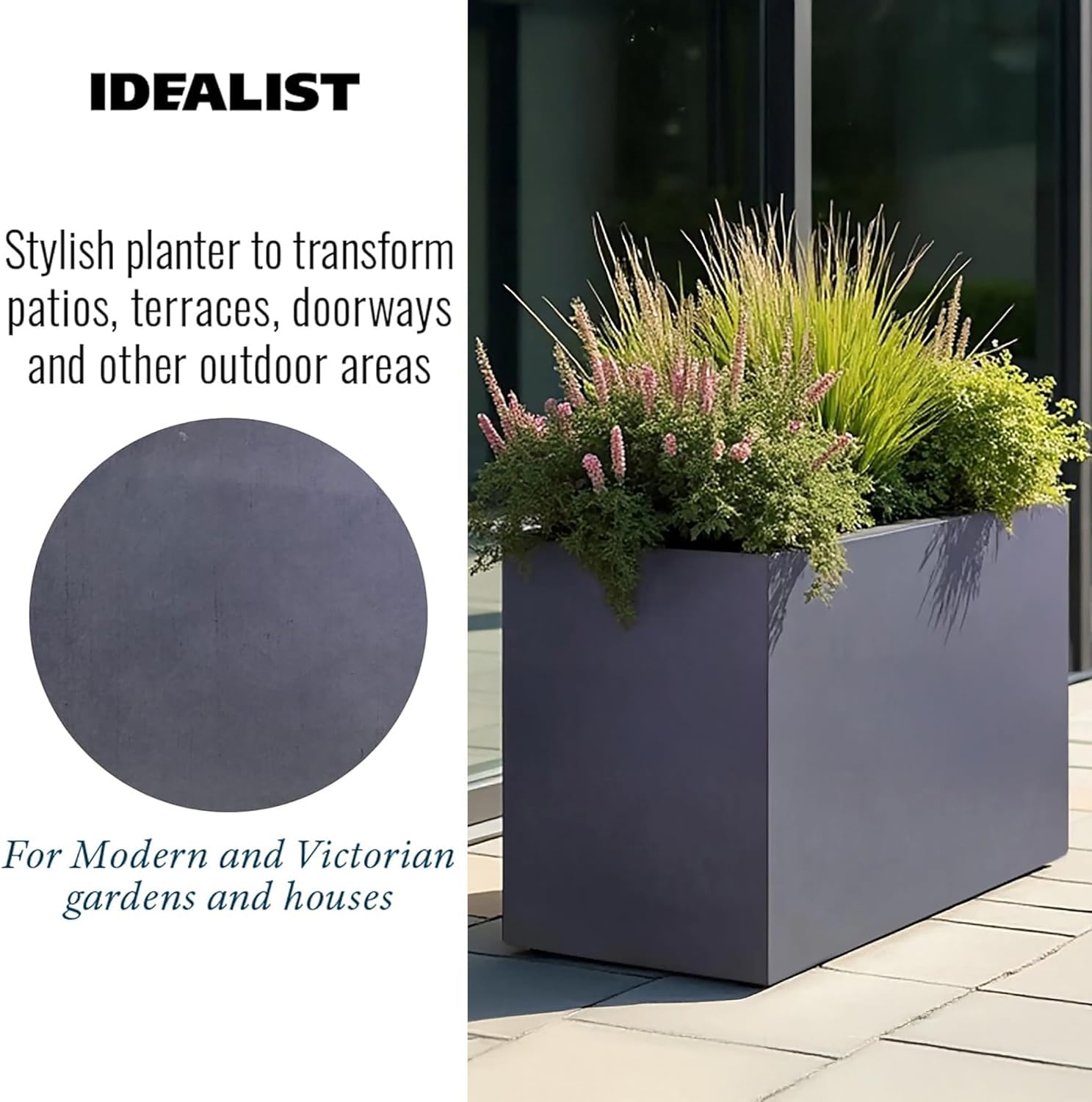 60cm Large Trough Planter Dark Grey Stone Effect Outdoor Pot