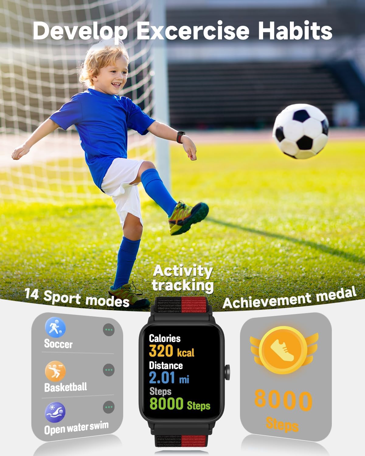 Kids Fitness Smart Watch Waterproof Heart Rate Games