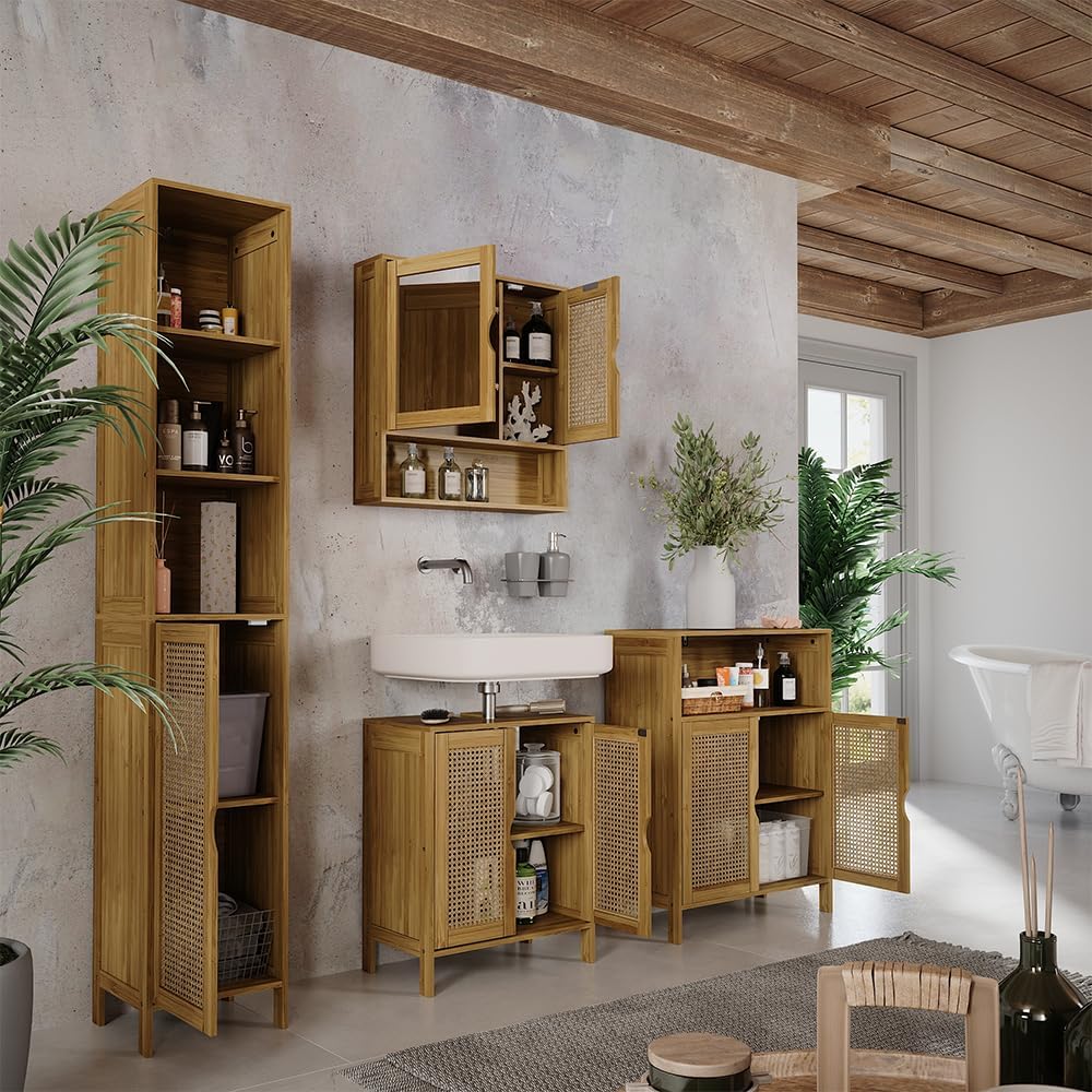 Slim Bamboo Bathroom Tall Cabinet Storage Shelf Towel Unit