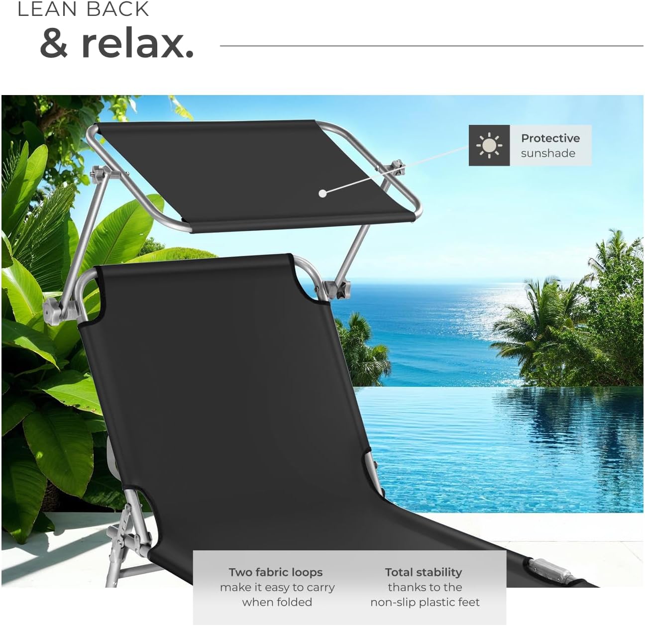 Folding Sun Lounger with Canopy Adjustable Backrest Black