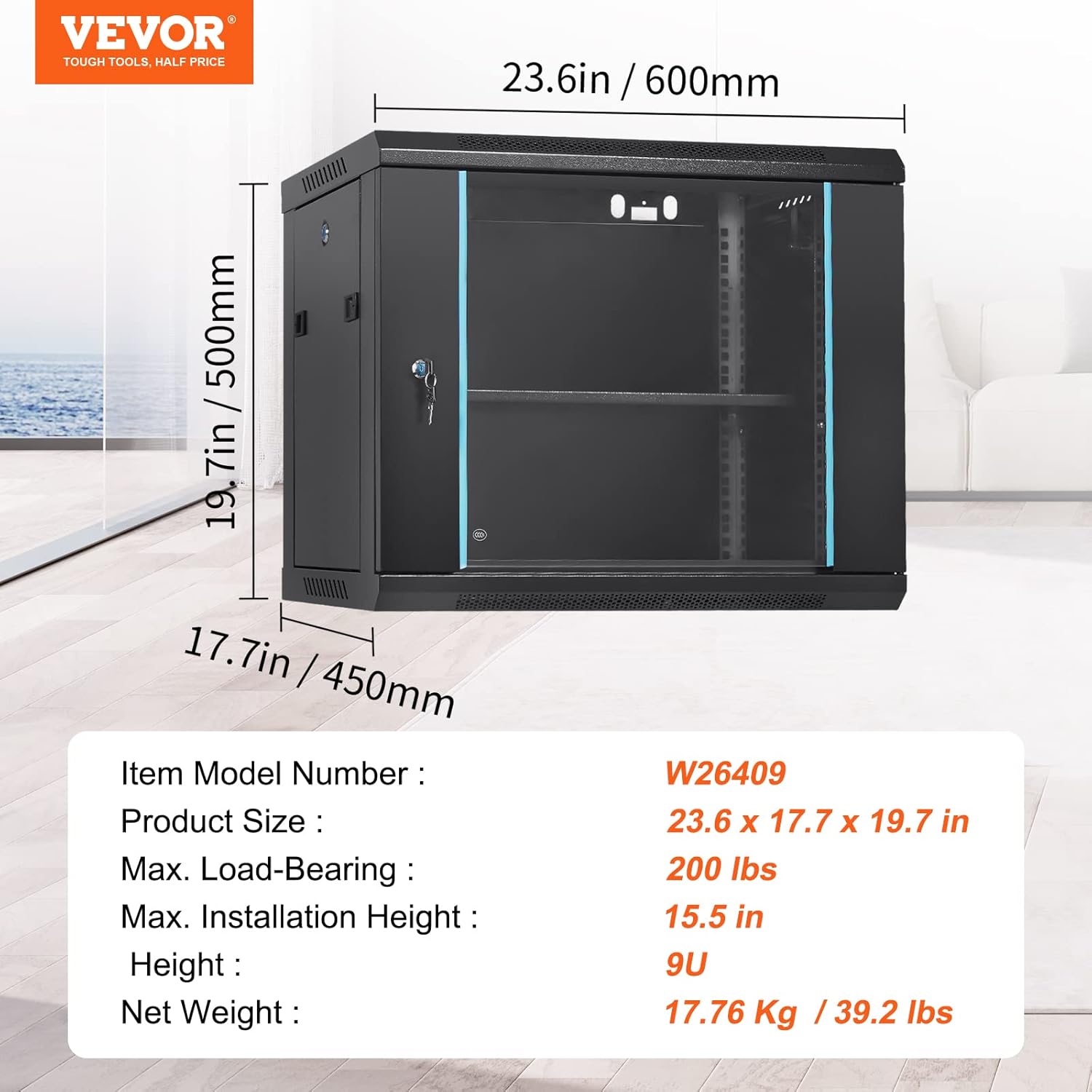 9U Wall Mount Server Rack Cabinet Glass Door Black Steel