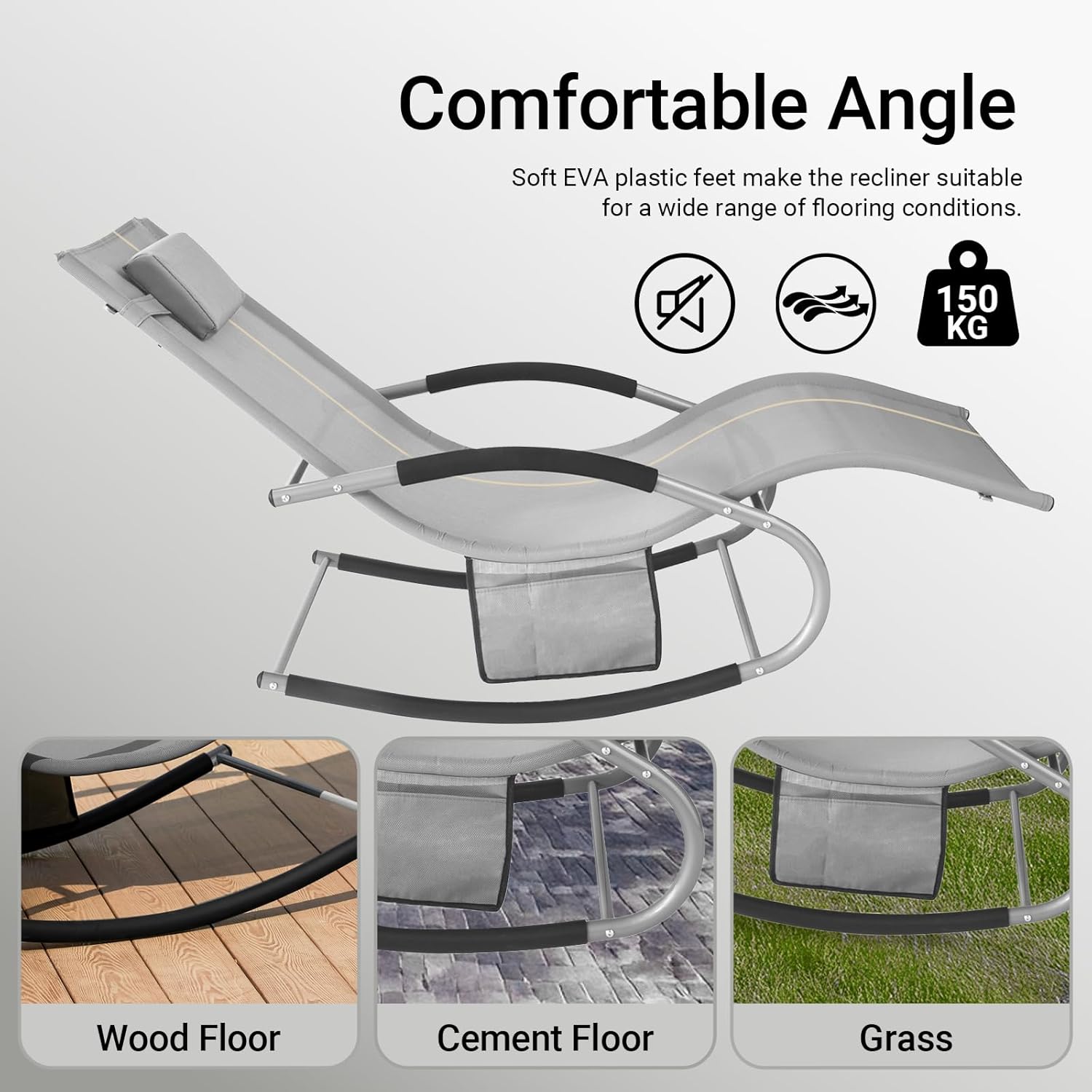 Outdoor Rocking Recliner Chair with Pillow Pocket Grey