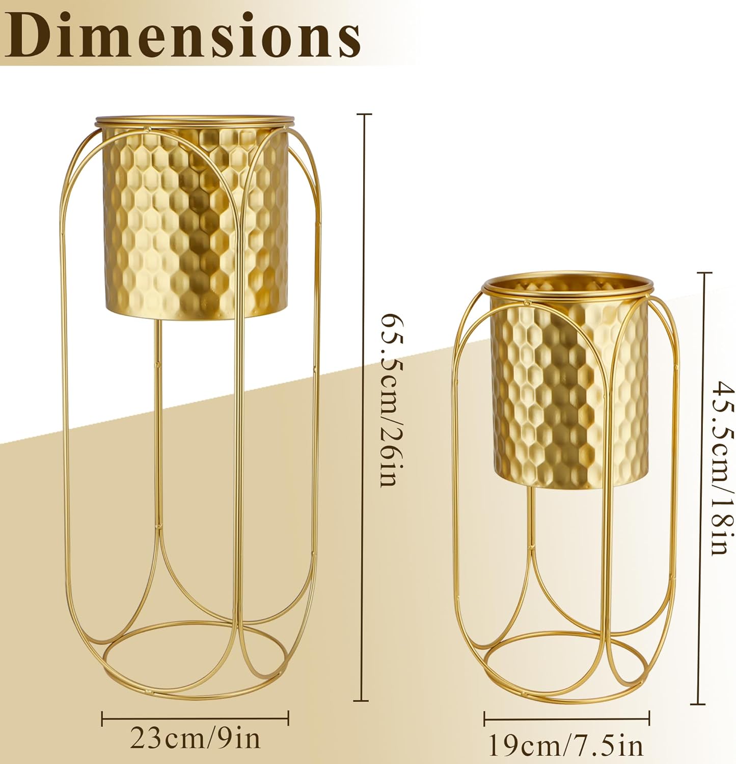 Gold Honeycomb Planters with Stand Set of 2 Tall Pots 65cm