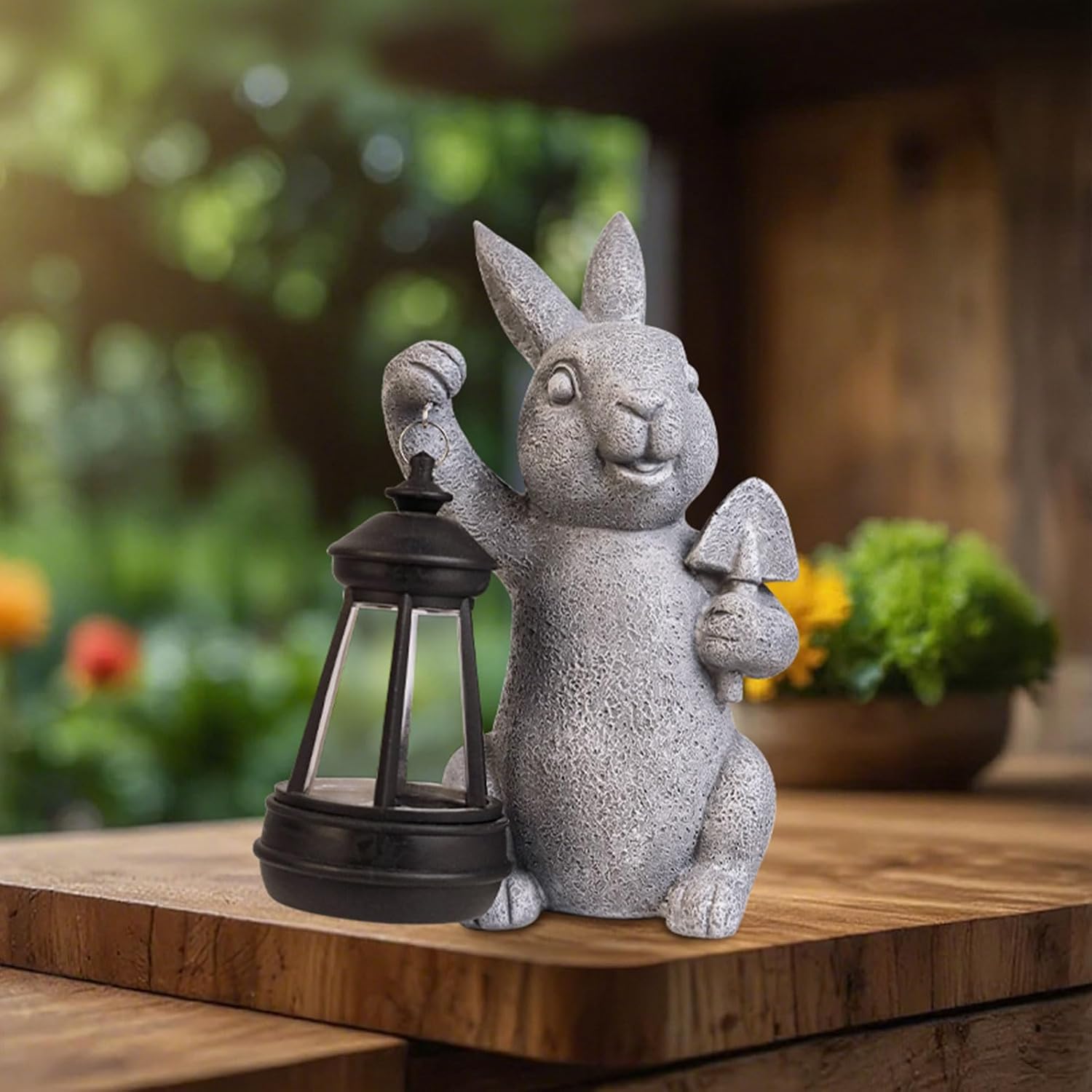 Solar Rabbit Garden Statue LED Light Outdoor Resin Ornament Gift