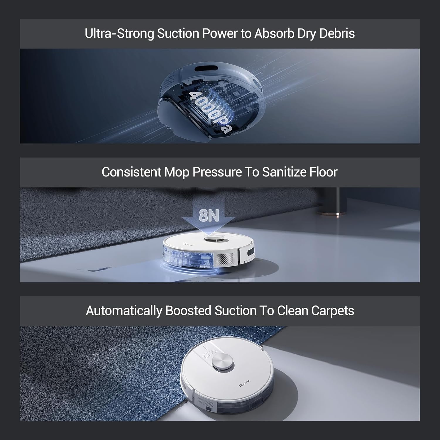 Robot Vacuum Mop 4000Pa LiDAR Mapping App Control Pet Hair