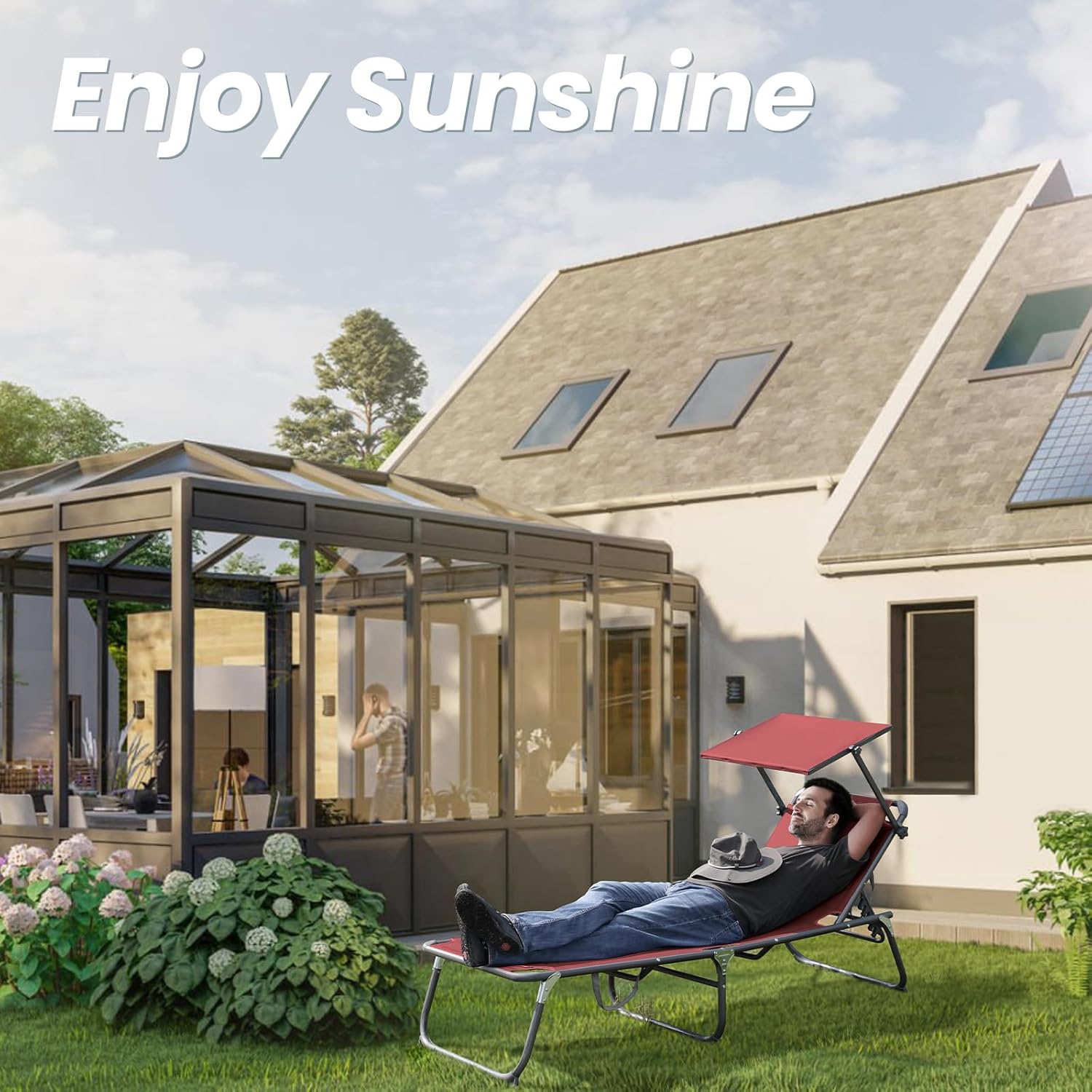 XXL Aluminium Sun Lounger with Sun Roof Adjustable Red 200x70