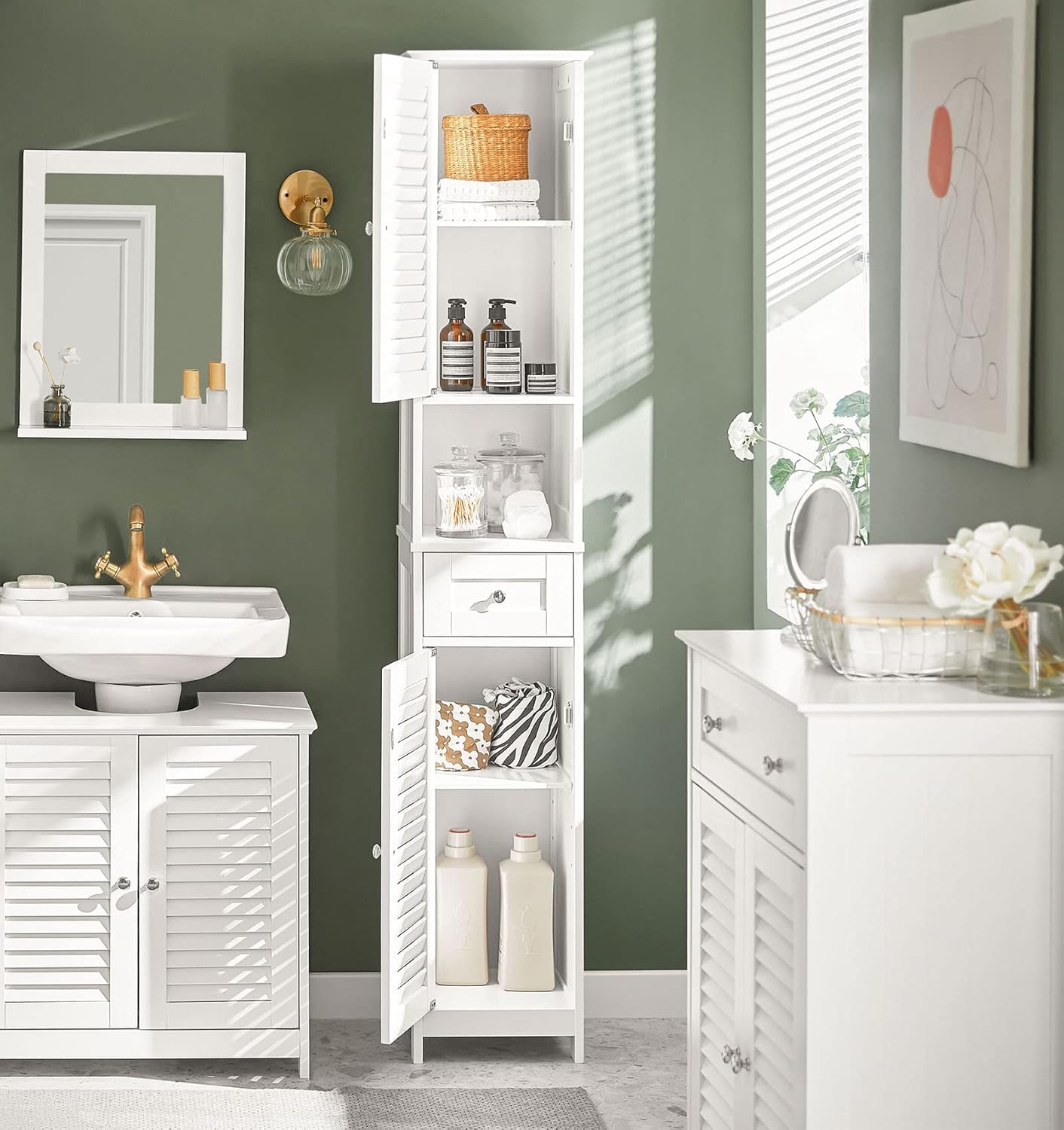 Slim Tall Bathroom Cabinet White Louver Door Storage Cupboard