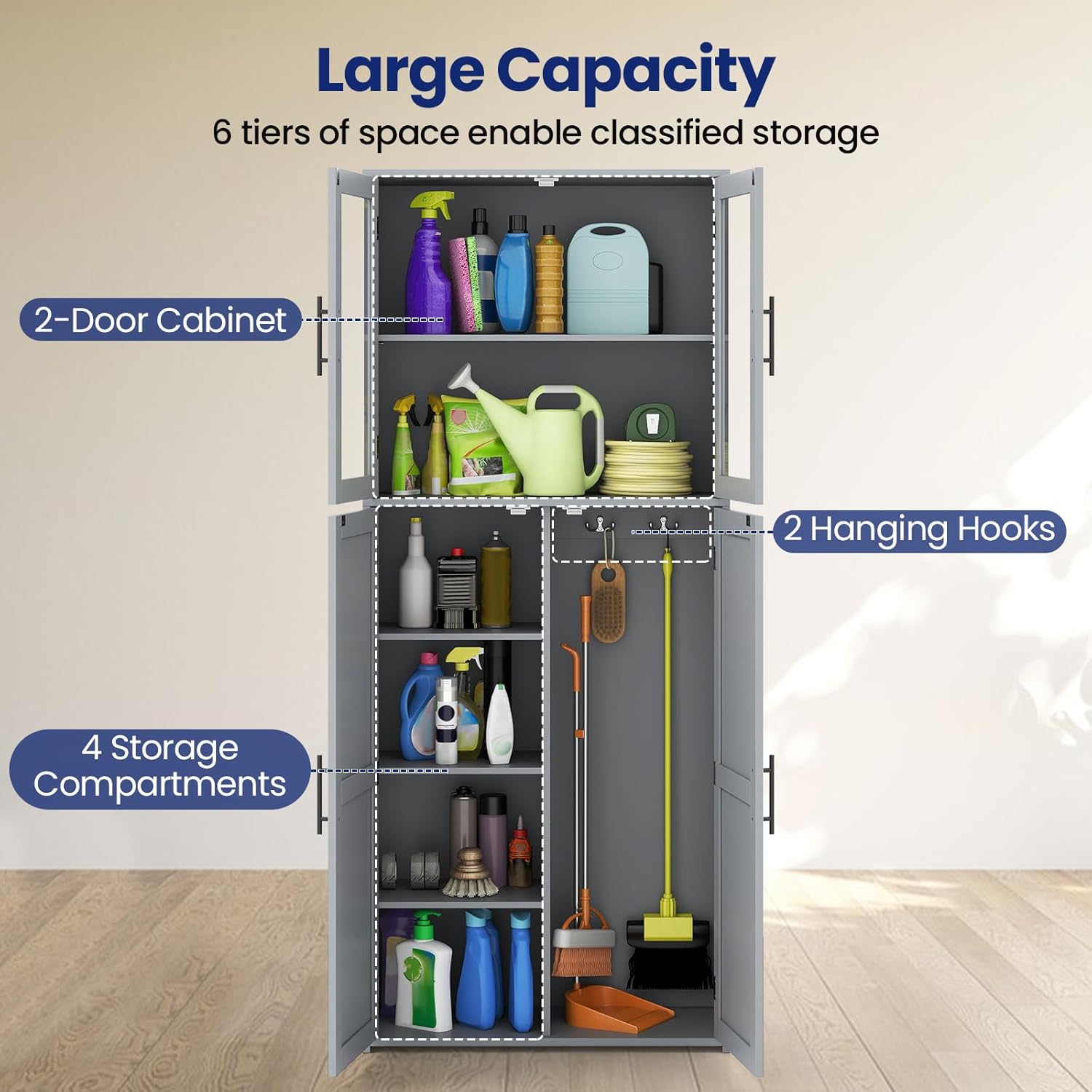Tall Storage Cabinet Grey Glass Door Hook Shelf Unit