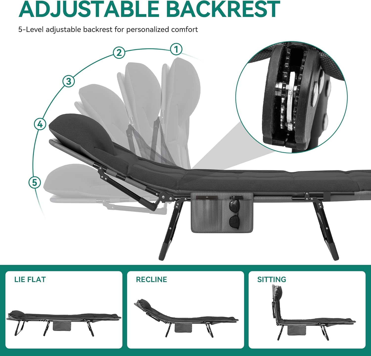 Folding Sun Lounger with Cushion Adjustable Portable Black 200cm