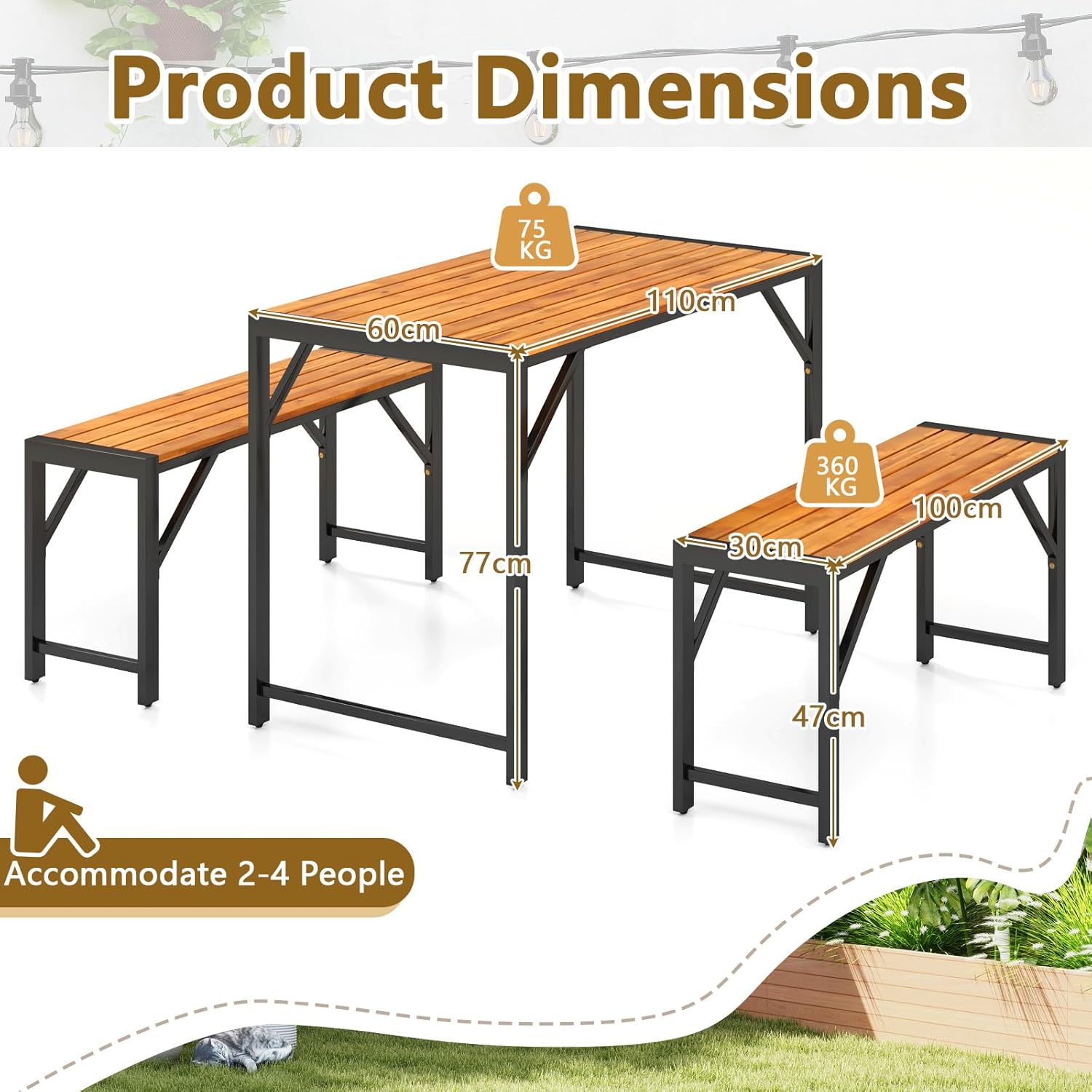 3 Piece Wooden Garden Dining Set Table & 2 Benches Patio Furniture