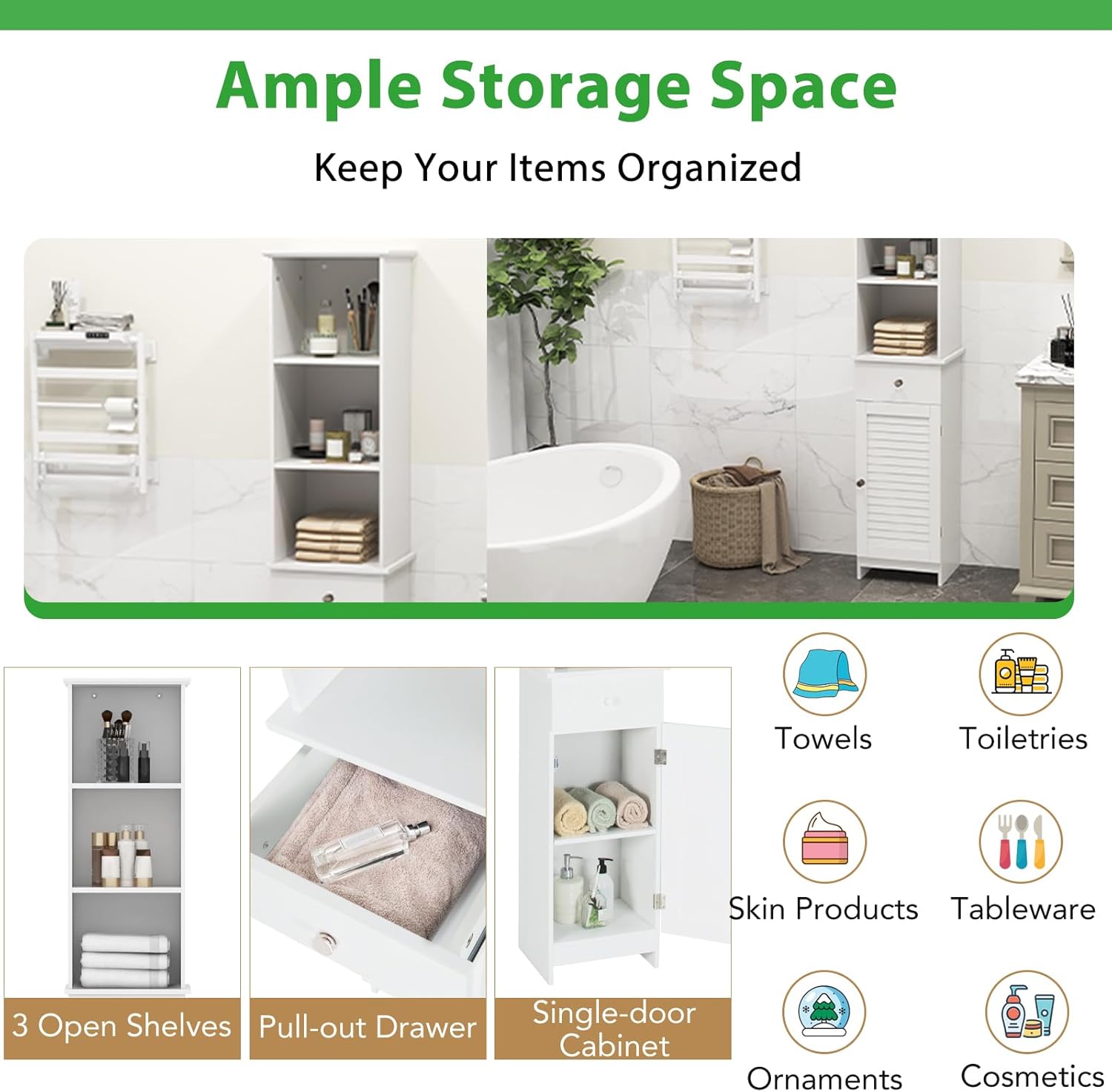 Slim Bathroom Tall Cabinet Drawer Shelf Cupboard White