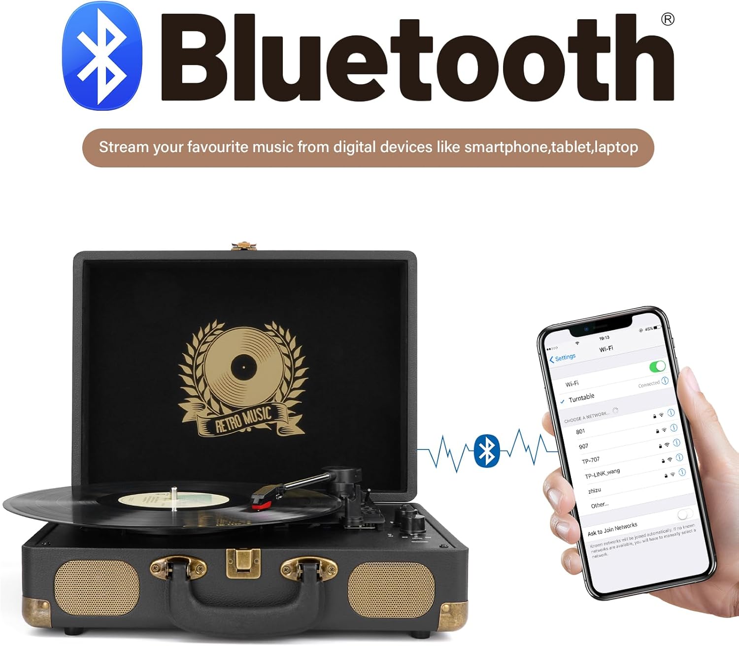 3-Speed Bluetooth Vinyl Record Player USB Recording Portable Suitcase