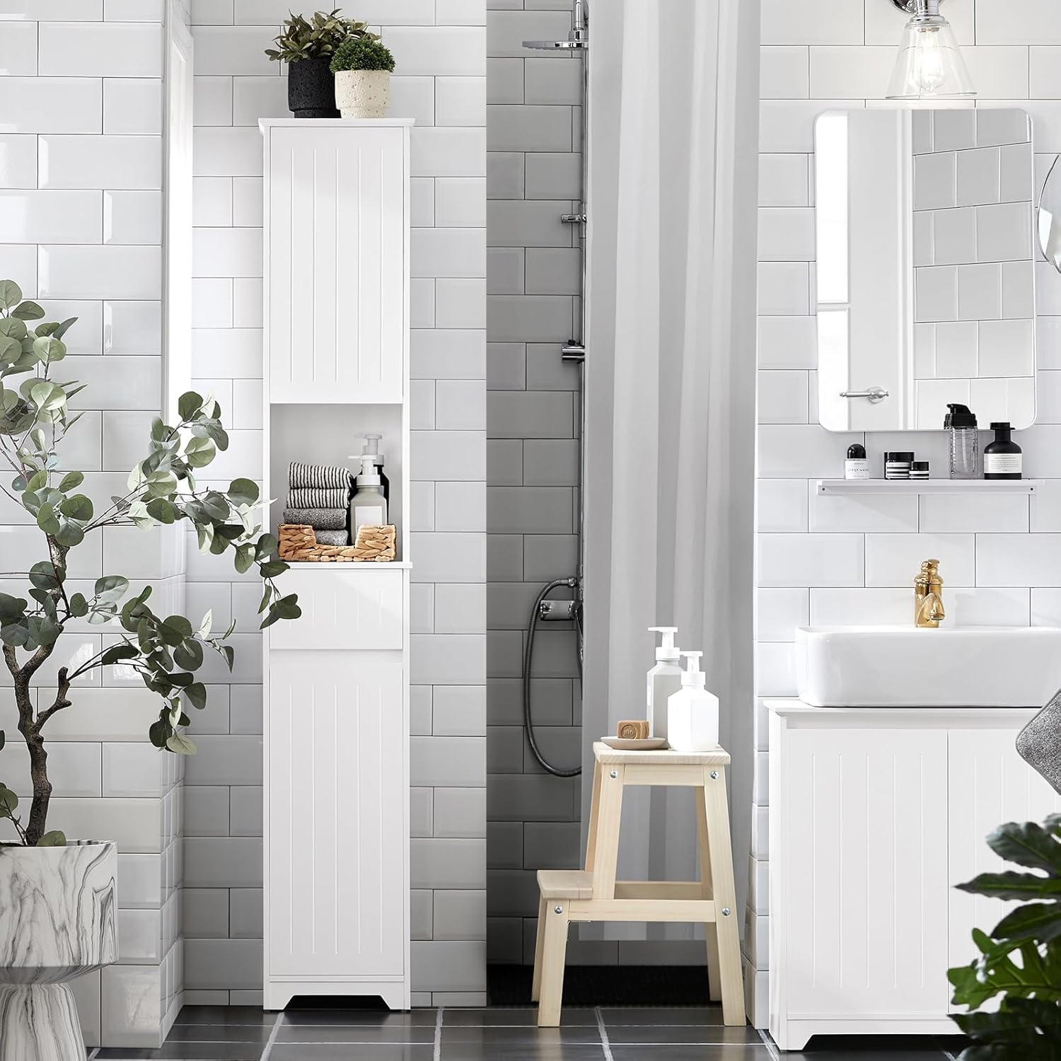 Slim Tall Bathroom Cabinet White Adjustable Shelf Unit
