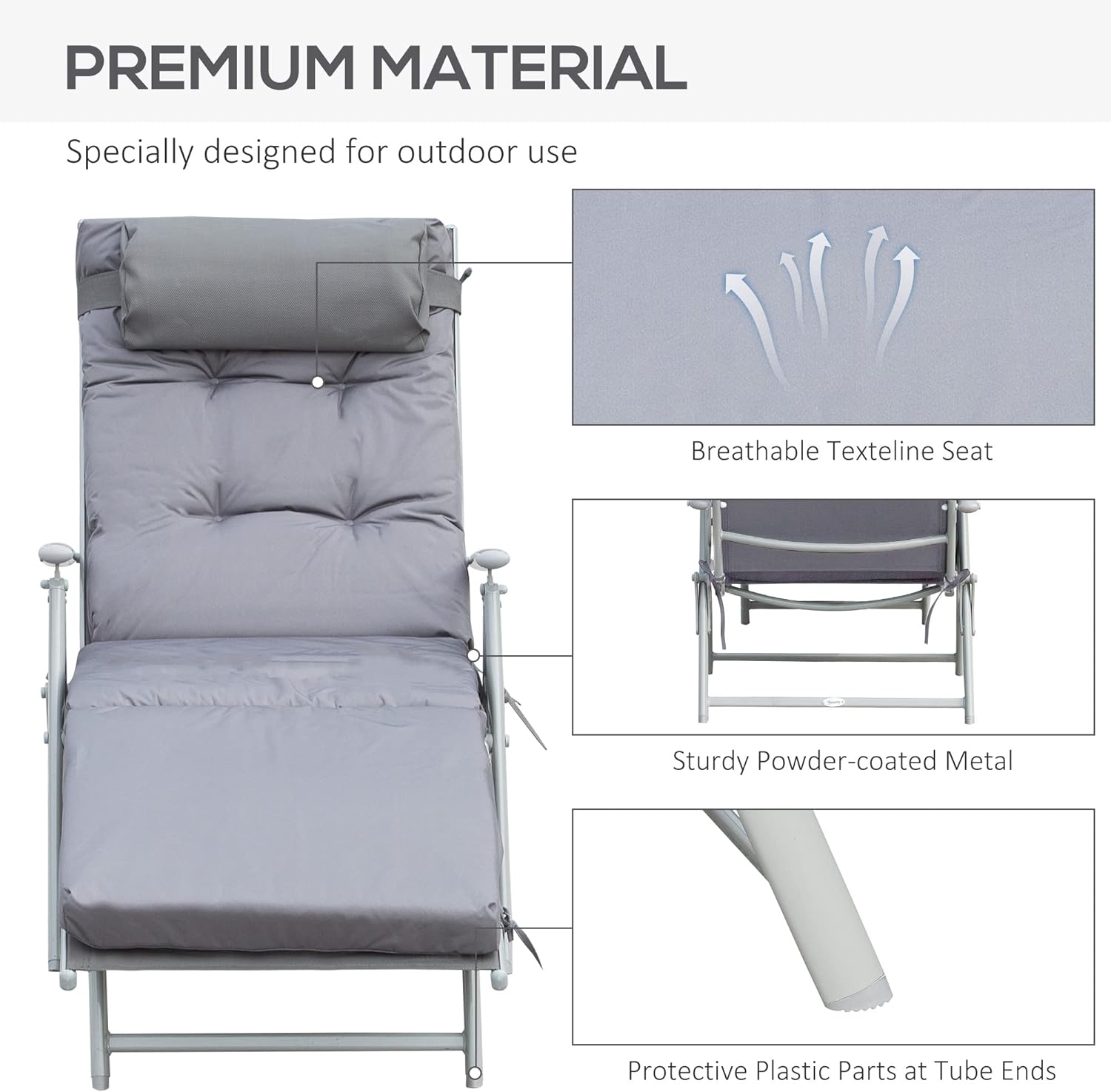 Heavy Duty 7 Level Sun Lounger Folding Recliner Grey