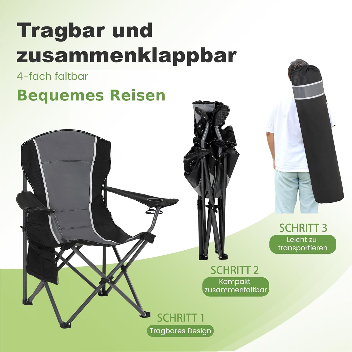 XL Folding Camping Chair Heavy Duty 160KG Black
