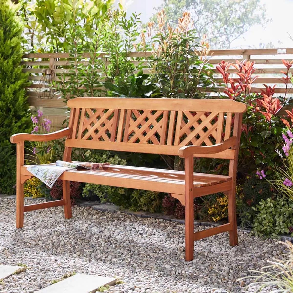 3 Seater Wooden Garden Bench Outdoor Patio Hardwood Slatted Seat 146cm