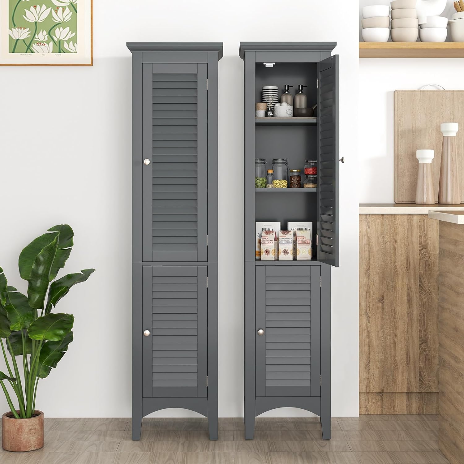Grey Tall Bathroom Cabinet 5 Tier Double Door Storage