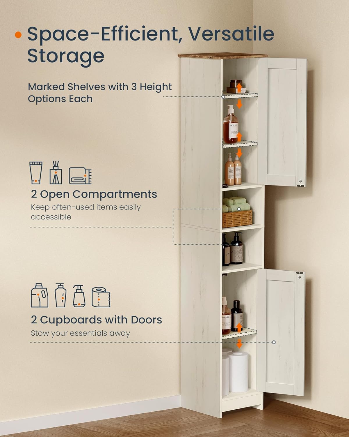 Slim Tall Storage Cabinet Rustic White Adjustable Shelves 170cm