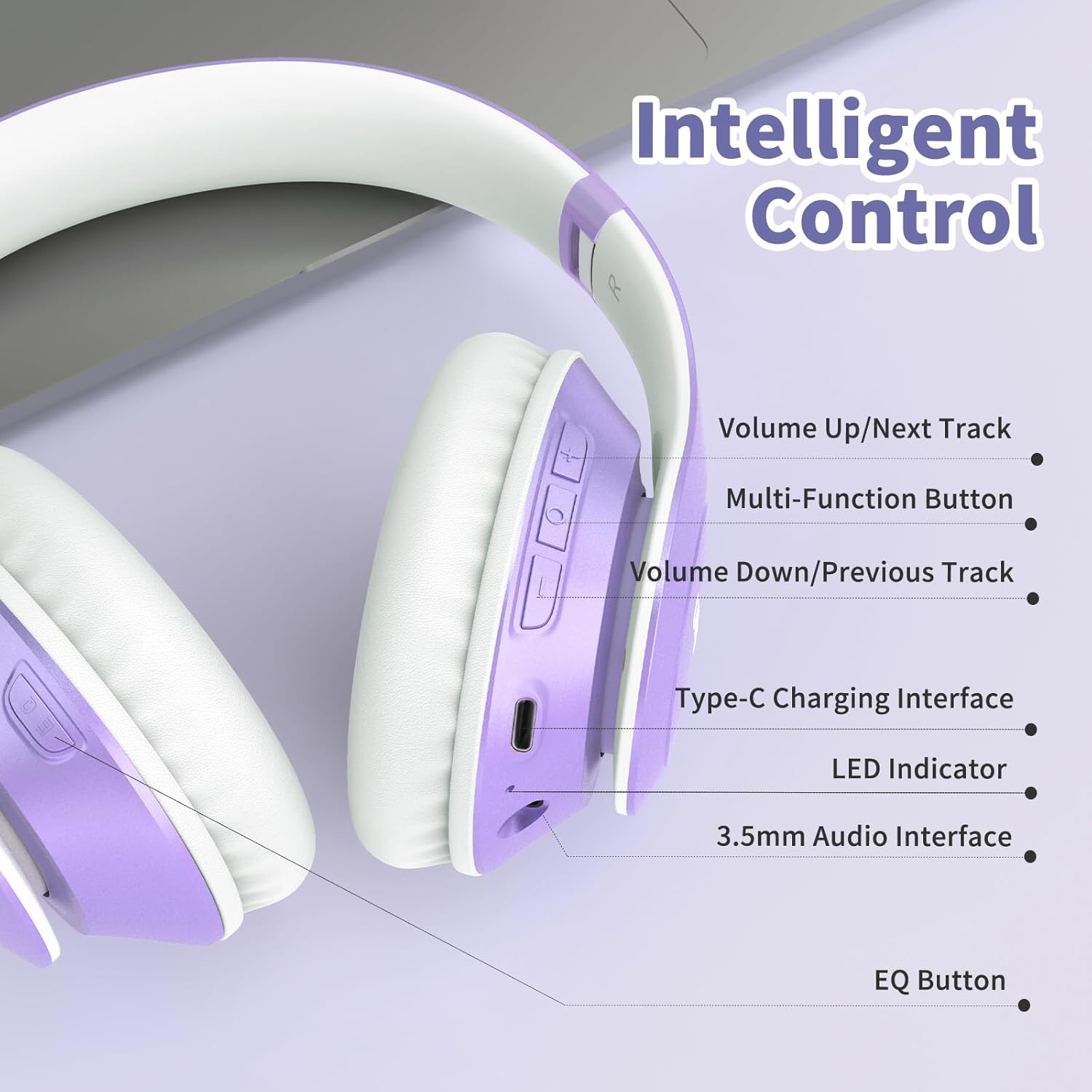 Wireless Bluetooth Over Ear Headphones 65Hr Battery 6 EQ Modes Purple