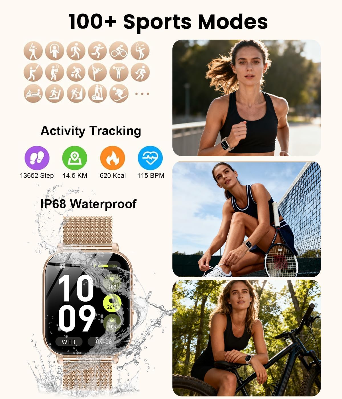 Rose Gold Smart Watch 1000mAh Battery Bluetooth Call Tracker