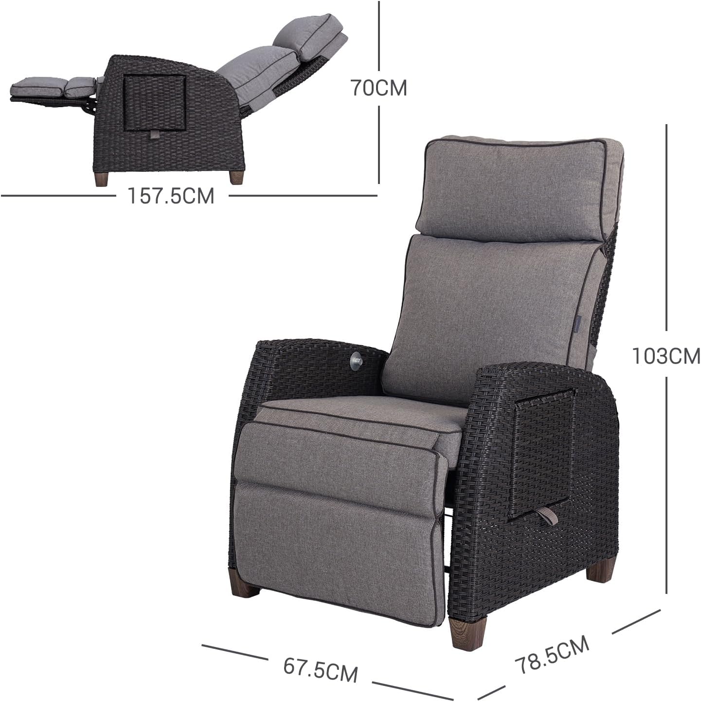 Wicker Recliner Sun Lounger Chair with Flip Table Grey