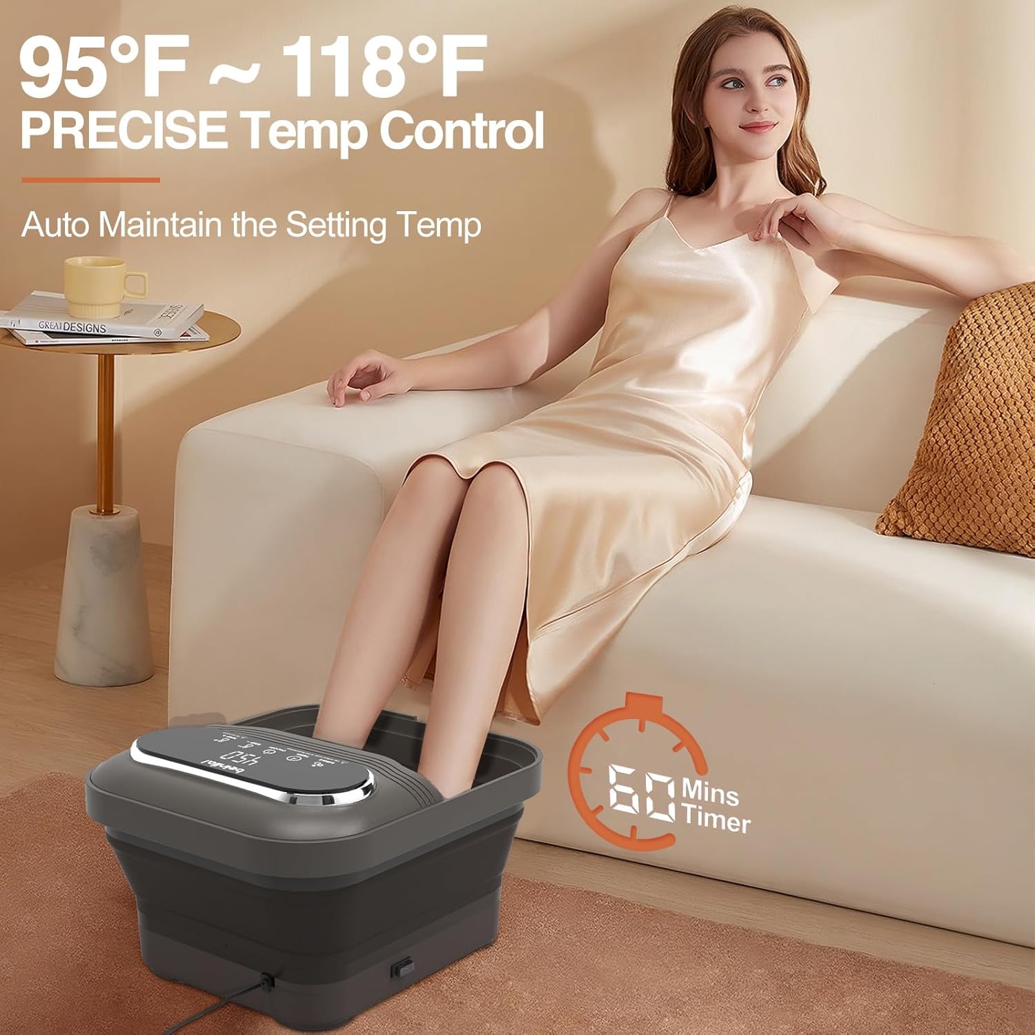 Collapsible Foot Spa Massager Heat Bubble Roller Bath Temp Control